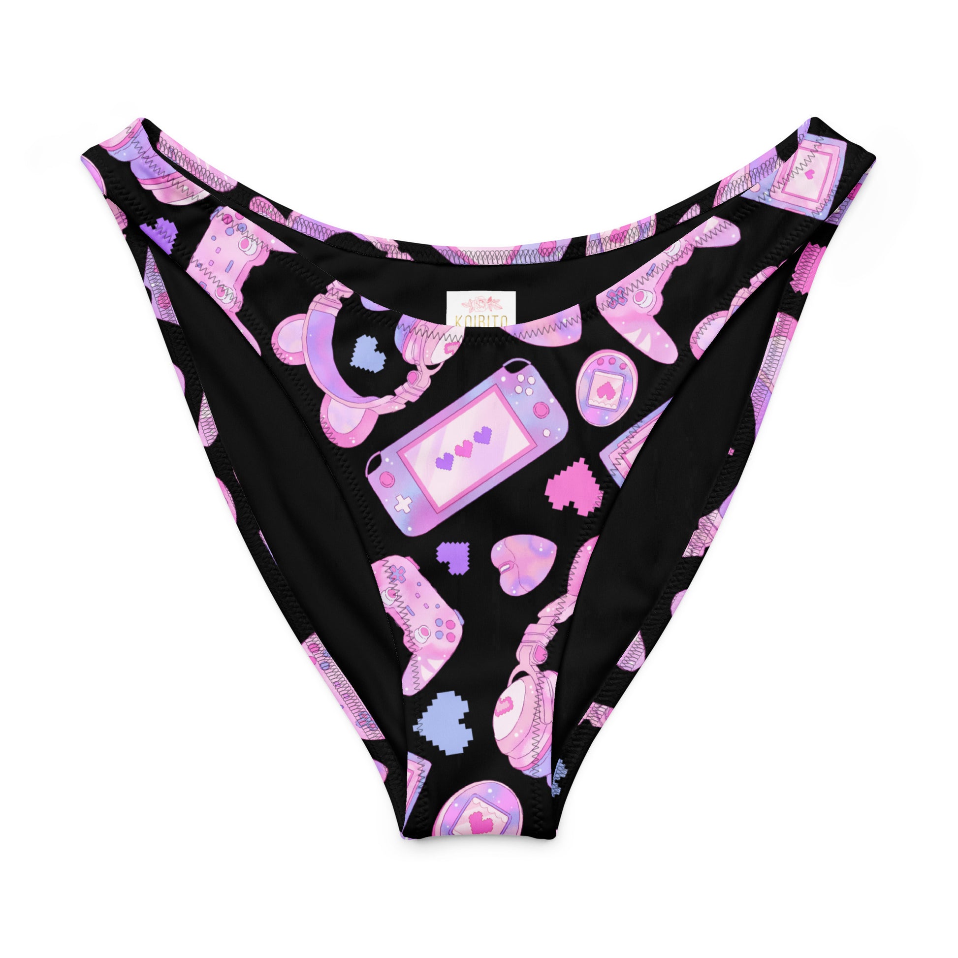 Gamer Girl V-cut bikini bottom featuring playful video game and heart patterns in pink on a black background.