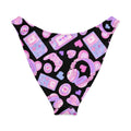 V-cut bikini bottom featuring a playful gamer-themed print in pink and purple against a black background.