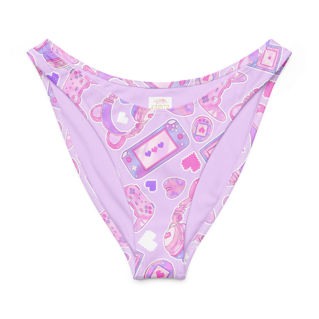 Gamer Girl V-cut bikini bottom in lavender with playful gaming pattern and high-leg cut.