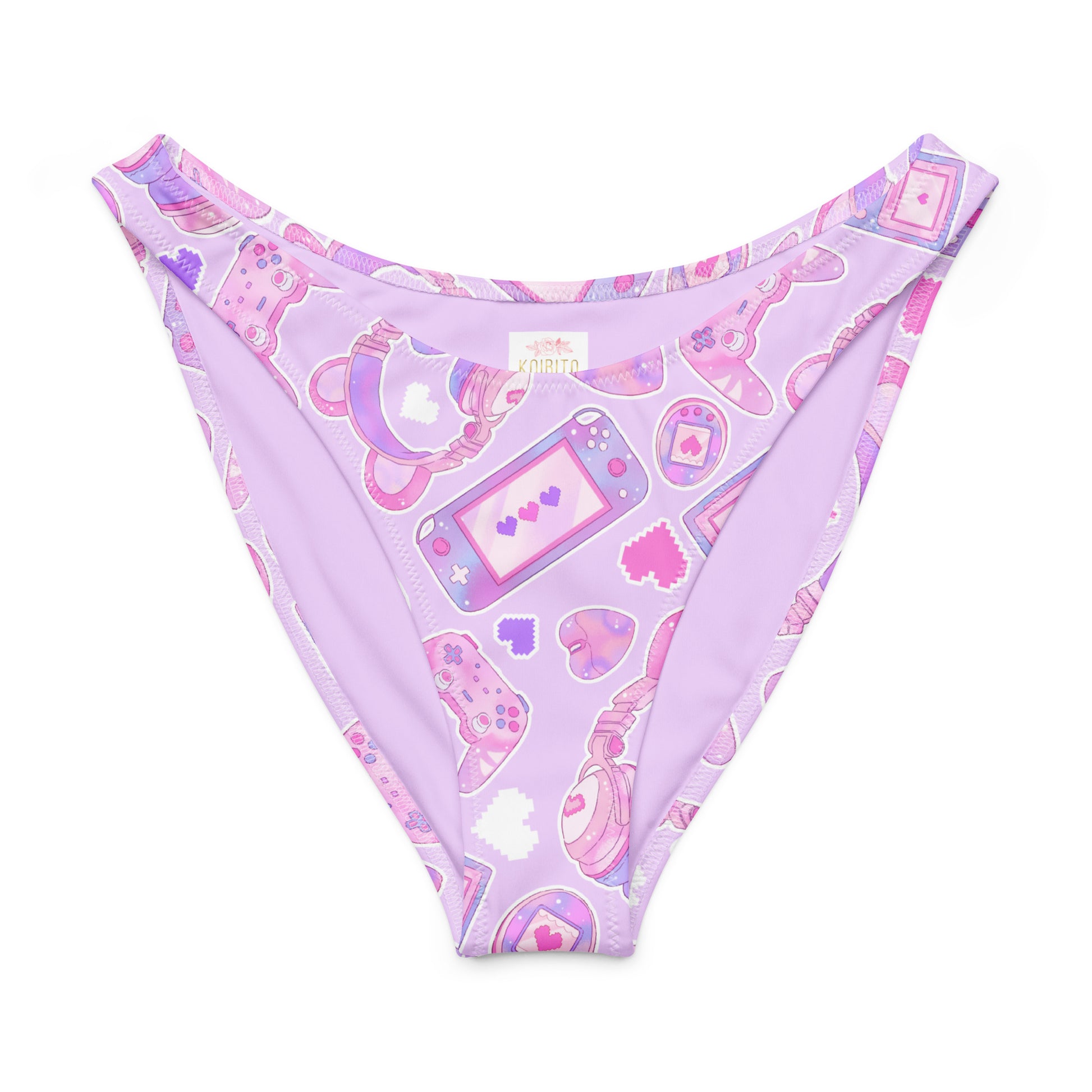 Gamer Girl V-cut bikini bottom in lavender with playful gaming pattern and high-leg cut.