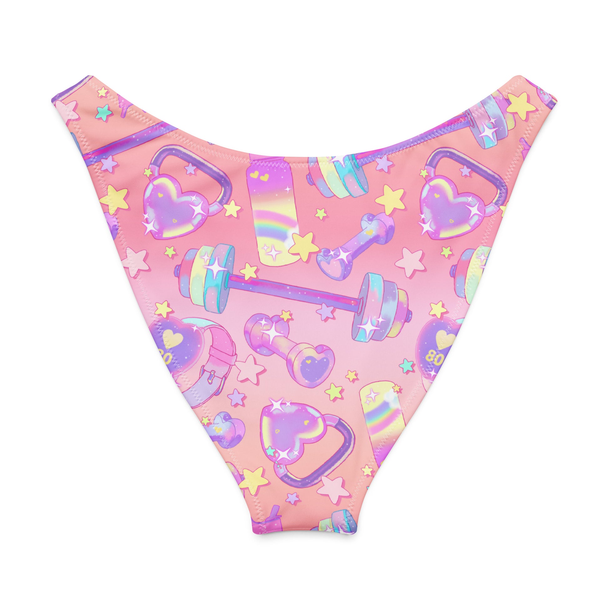 V-cut bikini bottom with colorful weights and stars pattern in vibrant pink tones, perfect for sunny beach days.