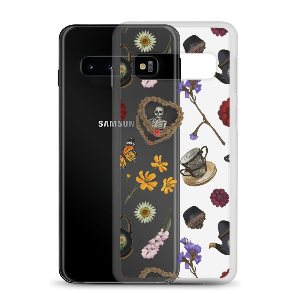Gothic Tea Time Samsung® Clear Case showcases a unique design with floral and skull motifs for stylish protection.