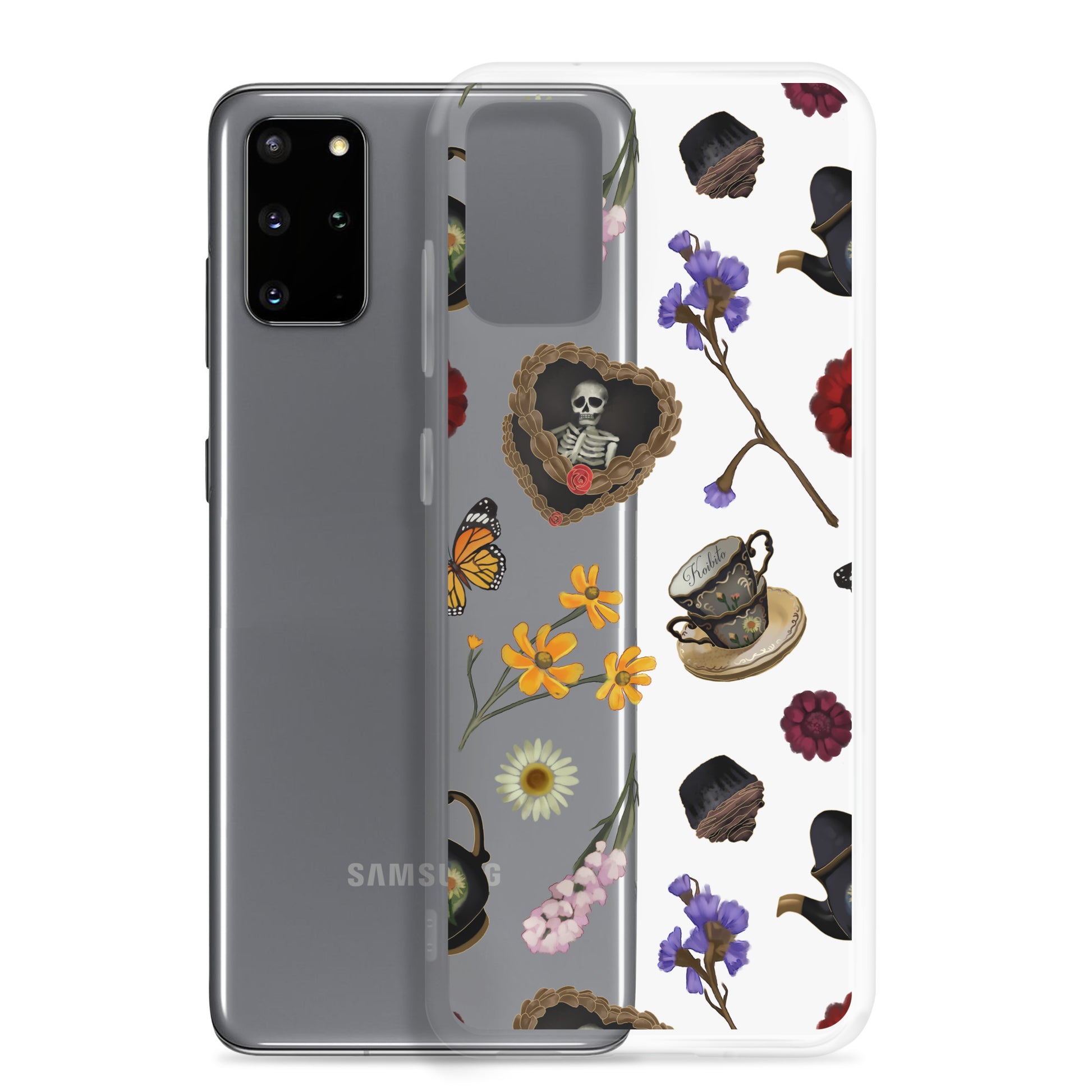 Showcasing the Gothic Tea Time Samsung® Clear Case, featuring intricate designs for stylish phone protection.