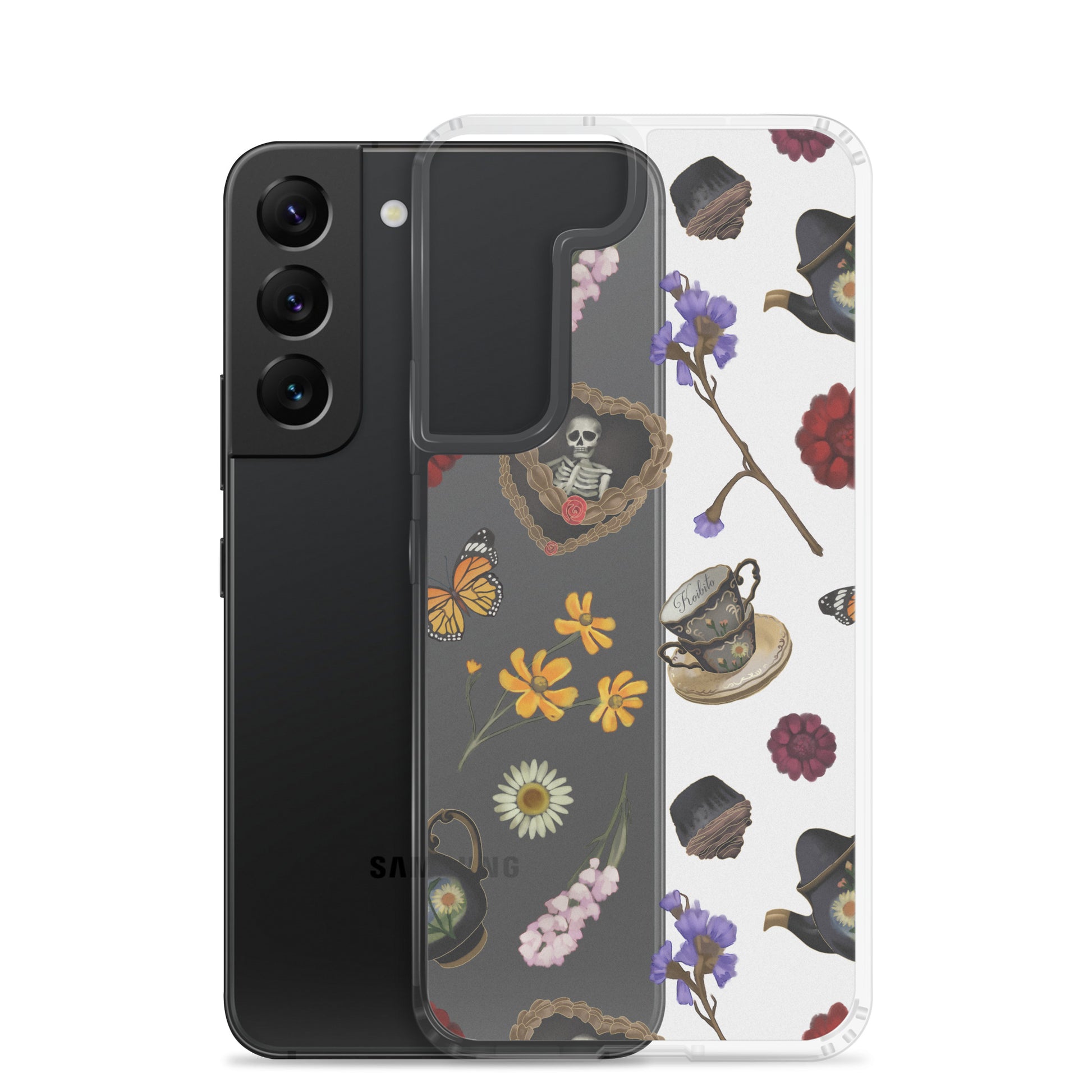 Gothic Tea Time Samsung® Clear Case showcases vibrant floral and skull designs, offering stylish protection for your phone.