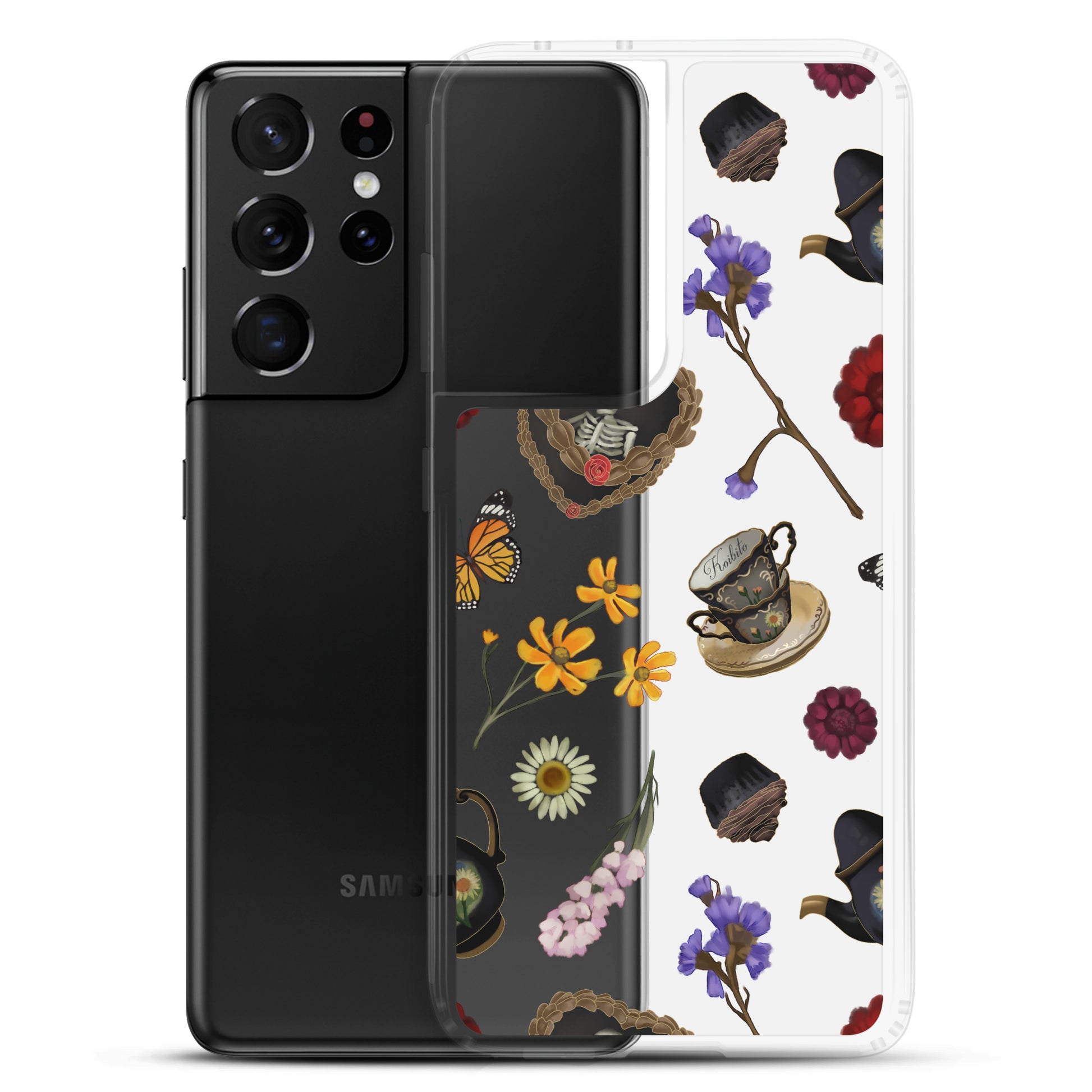 Gothic Tea Time Samsung® Clear Case showcases a floral design, providing stylish protection for your device.