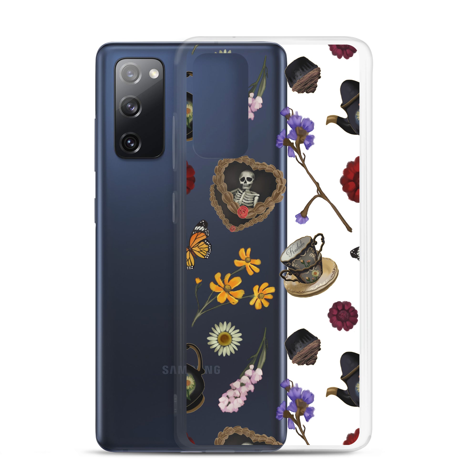 Stylish Gothic Tea Time Samsung® Clear Case with floral designs, offering slim protection for your phone.