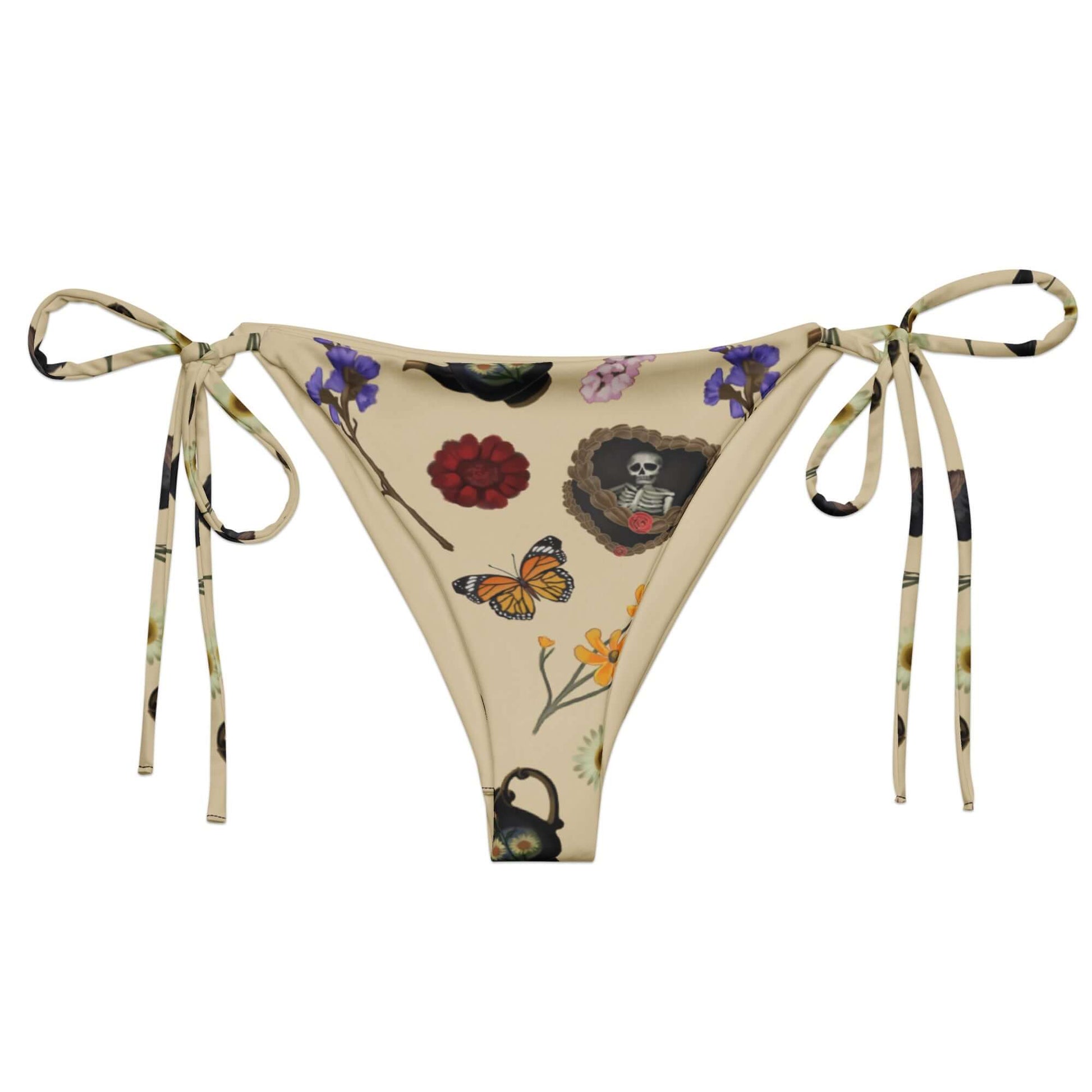 Gothic Tea Time String Bikini Bottom features a unique floral and skeleton design, perfect for stylish summer lounging.