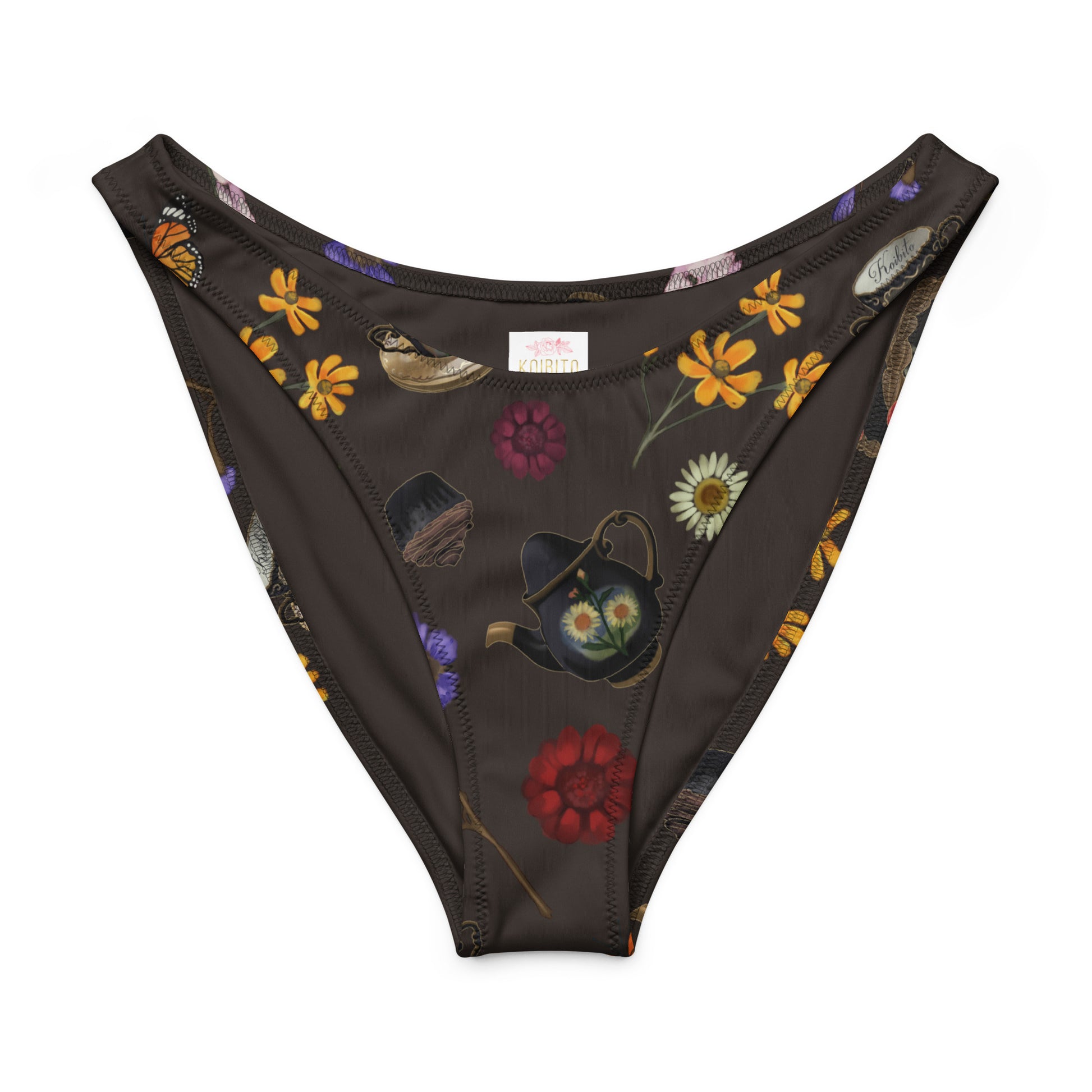 Gothic Tea Time V-cut bikini bottom with floral and vintage cup print, perfect for sunny beach days.