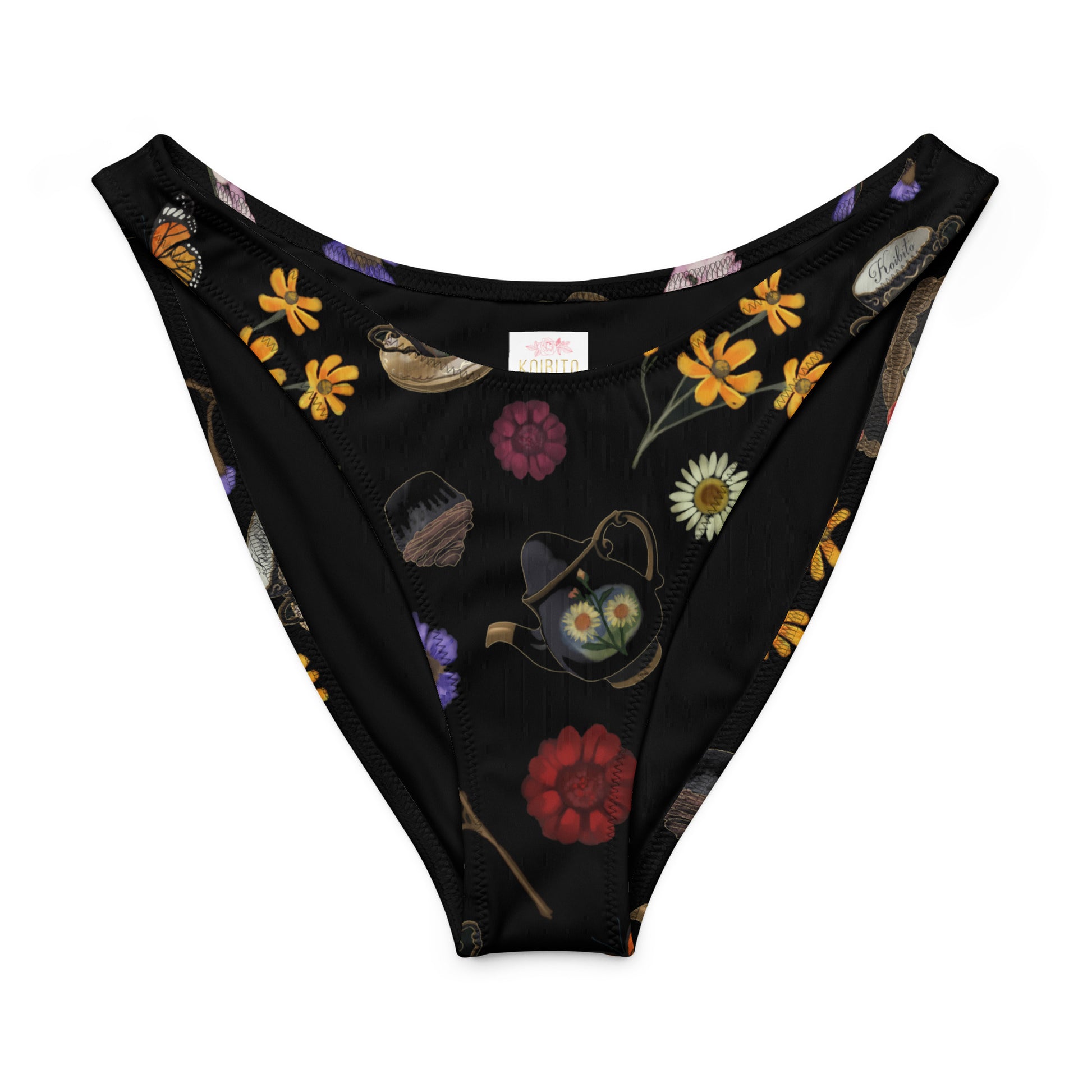 Gothic V-cut bikini bottom with colorful floral and nature designs, perfect for stylish summer flair.