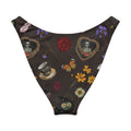 Gothic Tea Time V-cut bikini bottom featuring skeletons, flowers, and teacups on a dark background.
