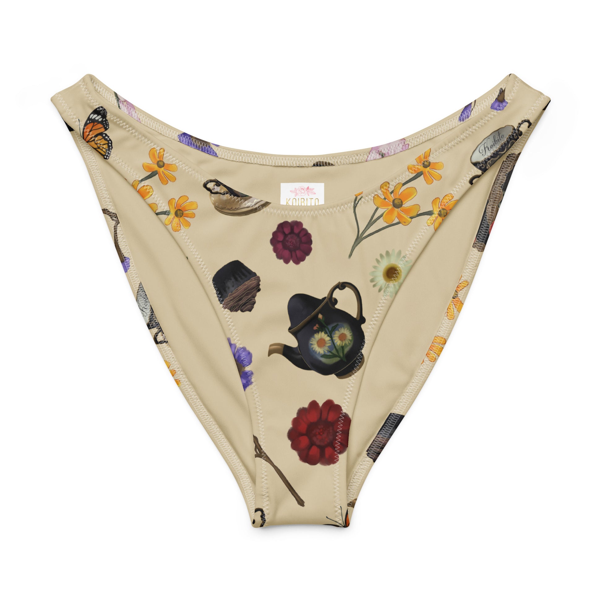 Gothic Tea Time V-cut bikini bottom featuring floral and tea-themed prints on a soft fabric.