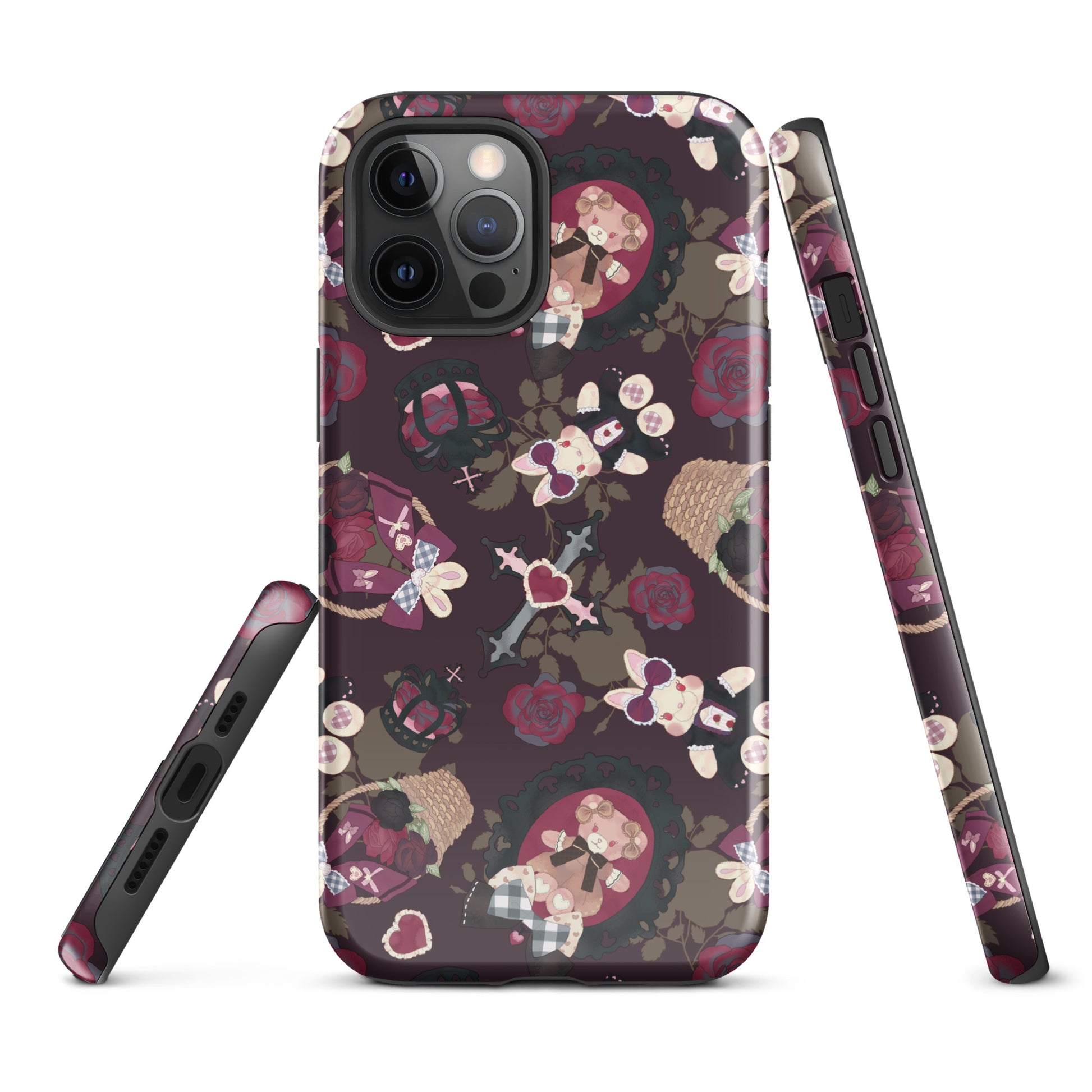 Gothic Teddy iPhone® Tough Case features a stylish design with roses and teddy bears, perfect for fashion-forward protection.