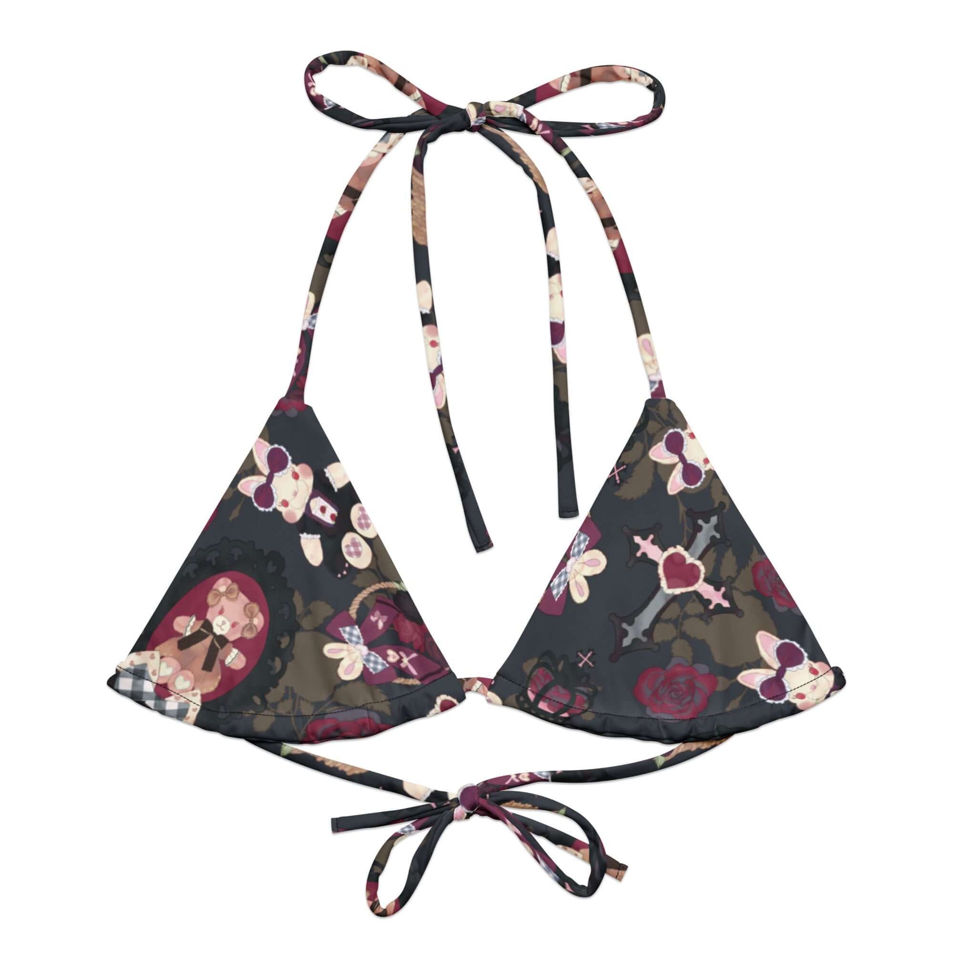 Gothic Teddy Padded String Bikini Top features eco-friendly design and floral prints, perfect for summer swims.
