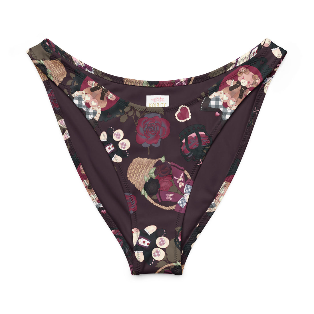 Gothic Teddy V-cut bikini bottom featuring floral patterns, high-leg cut, and recycled fabric for comfort and sun protection.