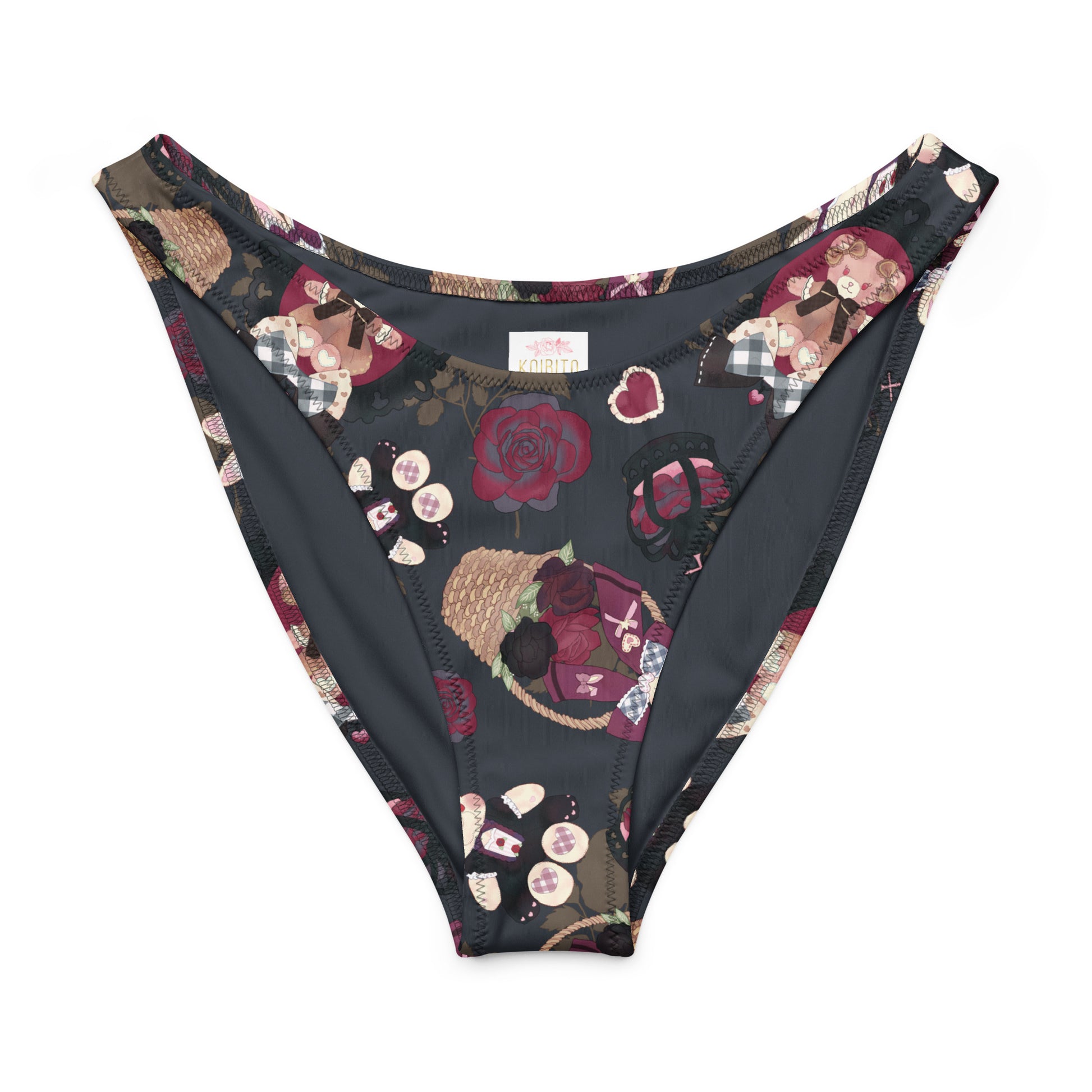 Gothic Teddy V-cut bikini bottom with floral print, featuring a high-leg cut and soft, stretchy fabric for comfort.