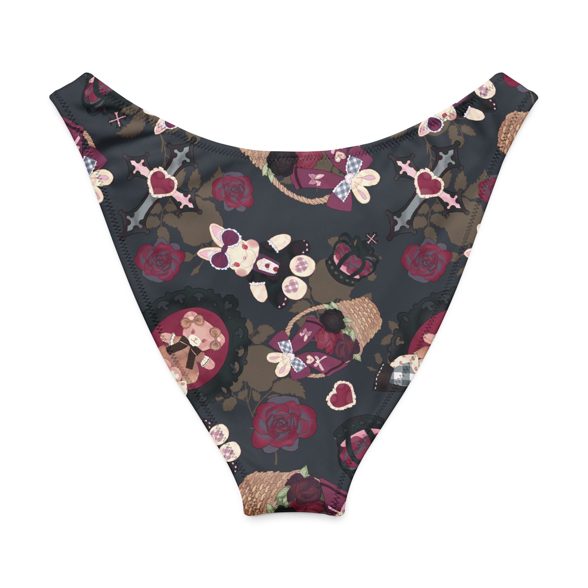 Gothic Teddy V-cut bikini bottom featuring rose and cross patterns for a stylish beach look.