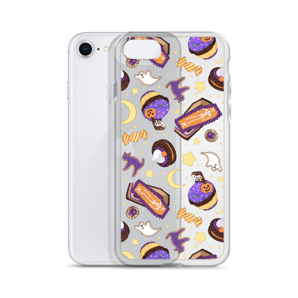Sleek Halloween Treat iPhone® Clear Case featuring fun candy designs, protecting your phone from scratches and dirt.