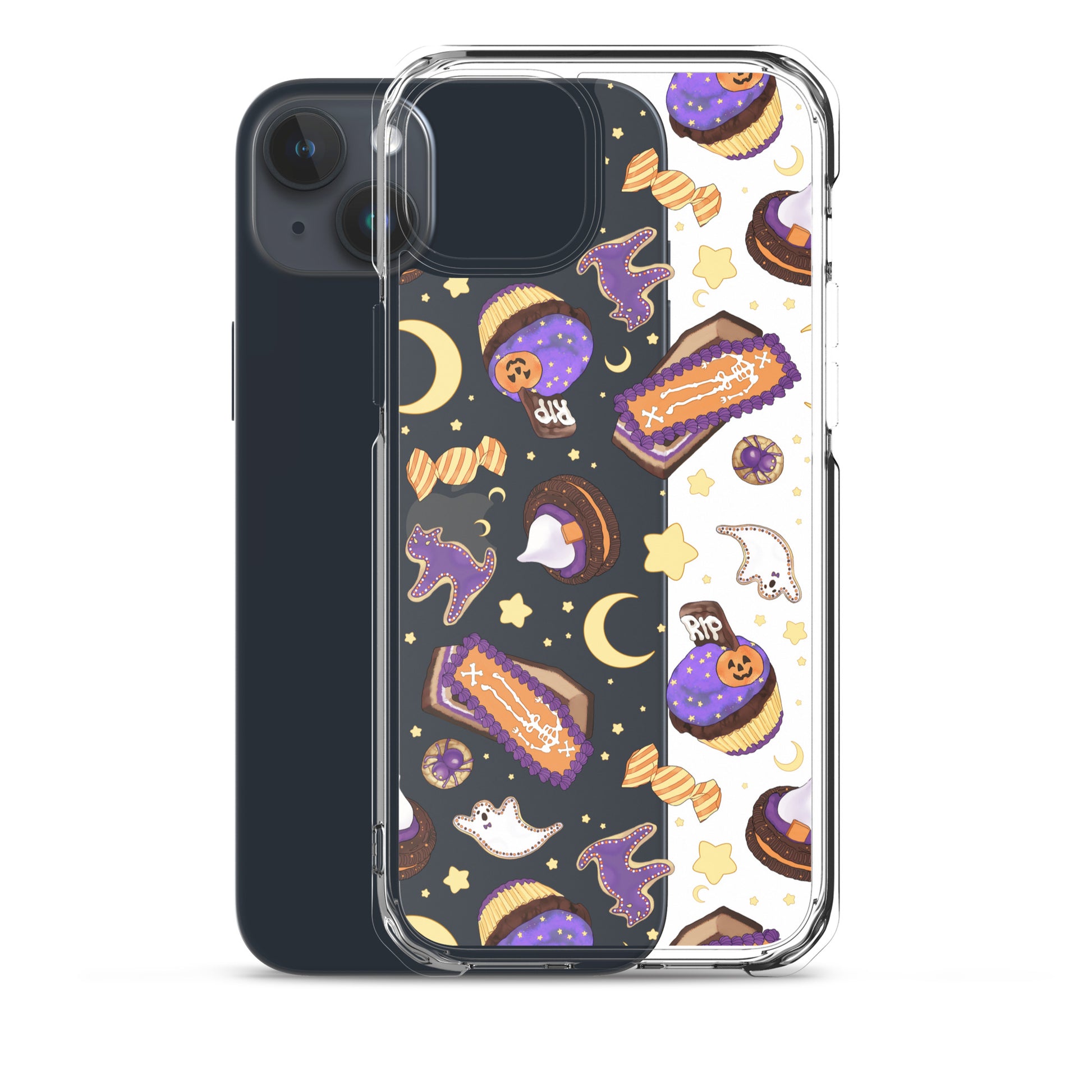 Stylish Halloween Treat iPhone® Clear Case features colorful designs for protection against scratches and dust.