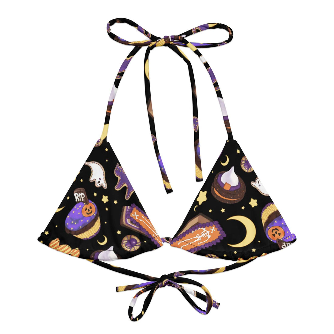 Enjoy summer fun in the eco-friendly Halloween Treat Padded String Bikini Top, featuring vibrant spooky prints.