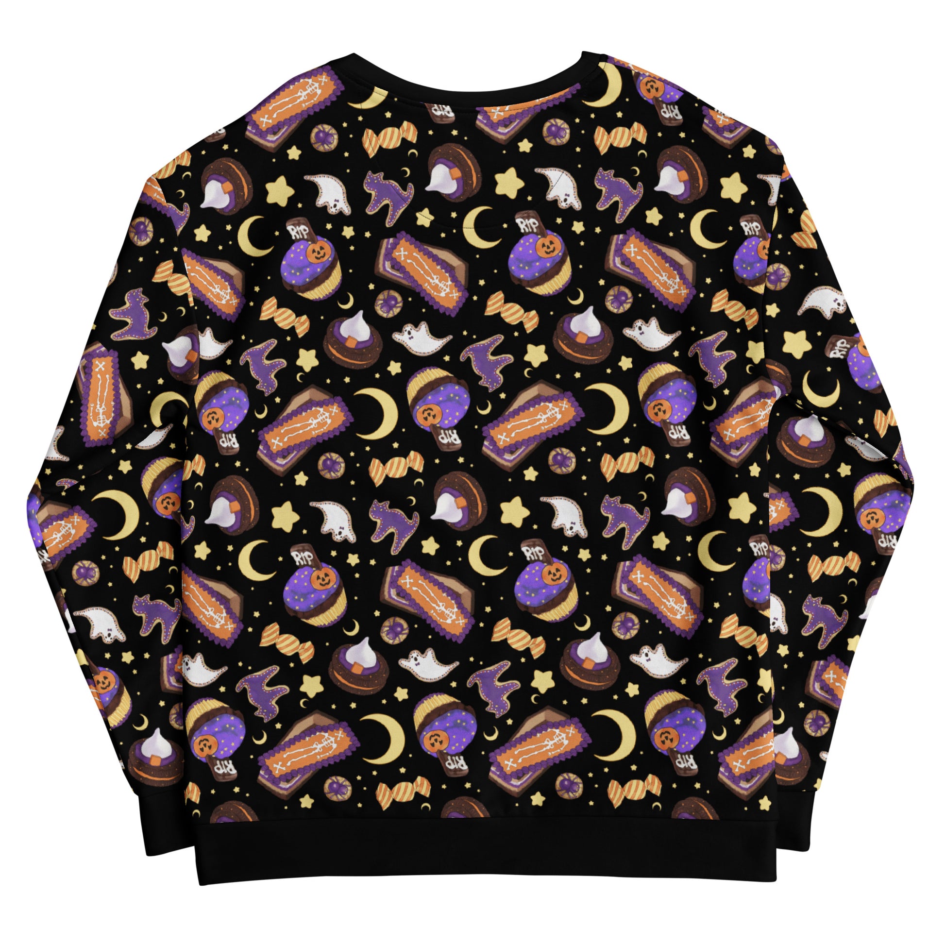 Cozy Halloween Treat Sweatshirt featuring festive designs of sweets and ghosts, perfect for the spooky season.