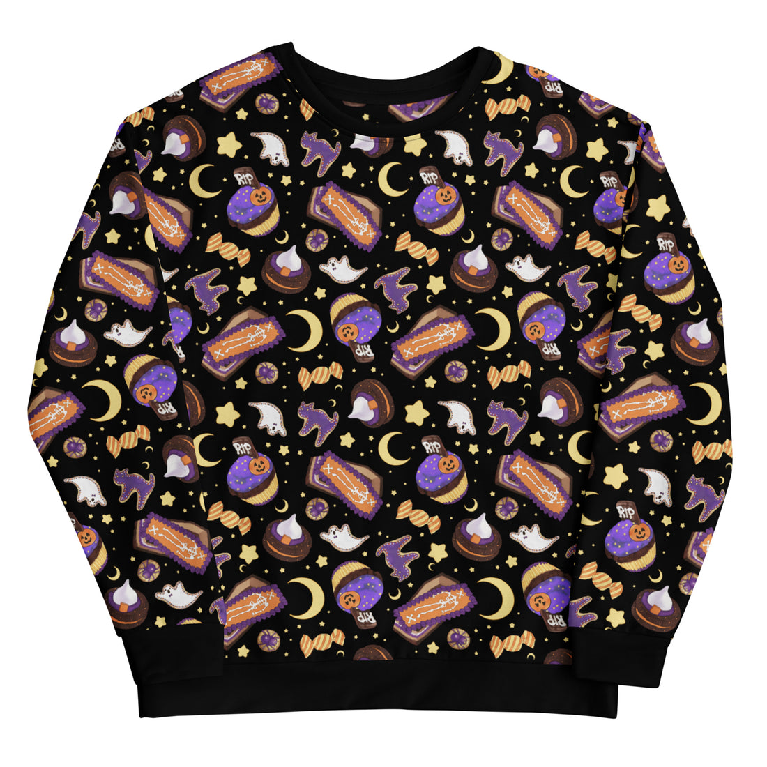Cozy Halloween Treat Sweatshirt featuring sweet treats on a starry background, perfect for festive style!