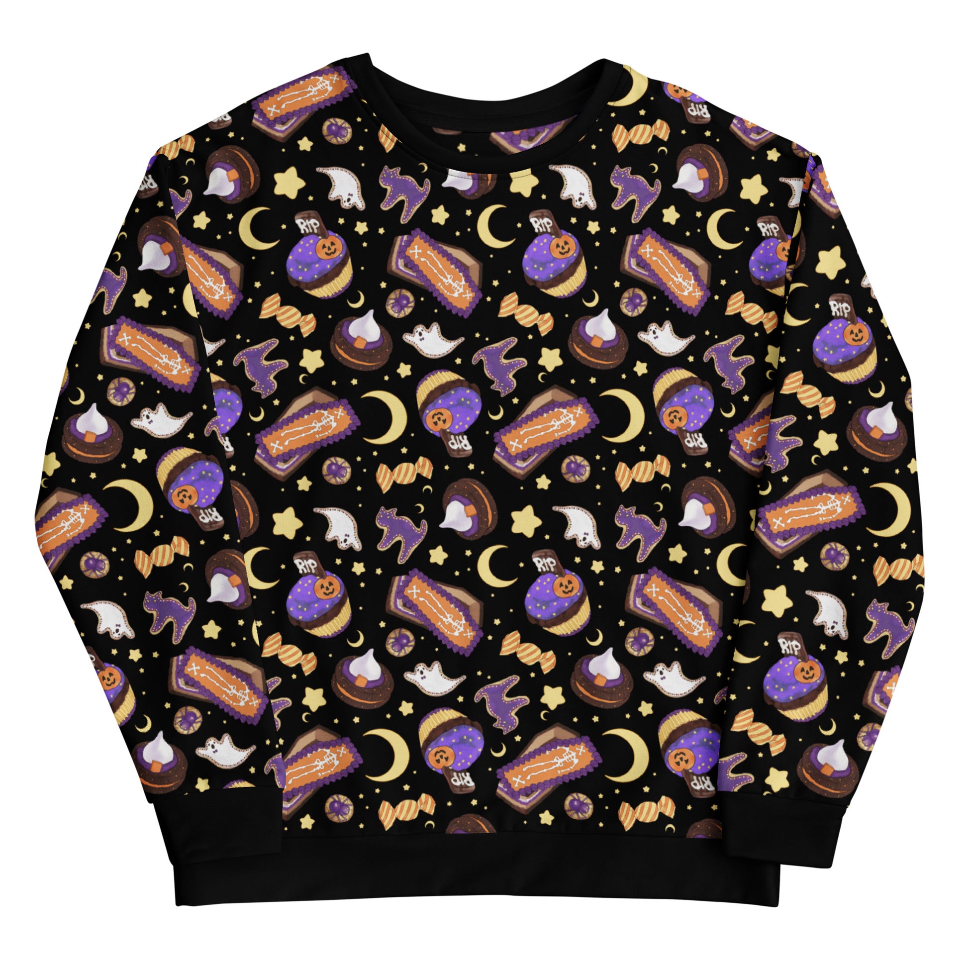 Cozy Halloween Treat Sweatshirt featuring sweet treats on a starry background, perfect for festive style!