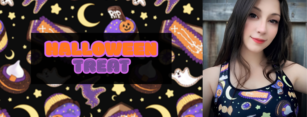 Halloween Treat collection banner with coffin cakes, ghost cookies and a model in the Halloween Treat sports braslider_item_hw2026