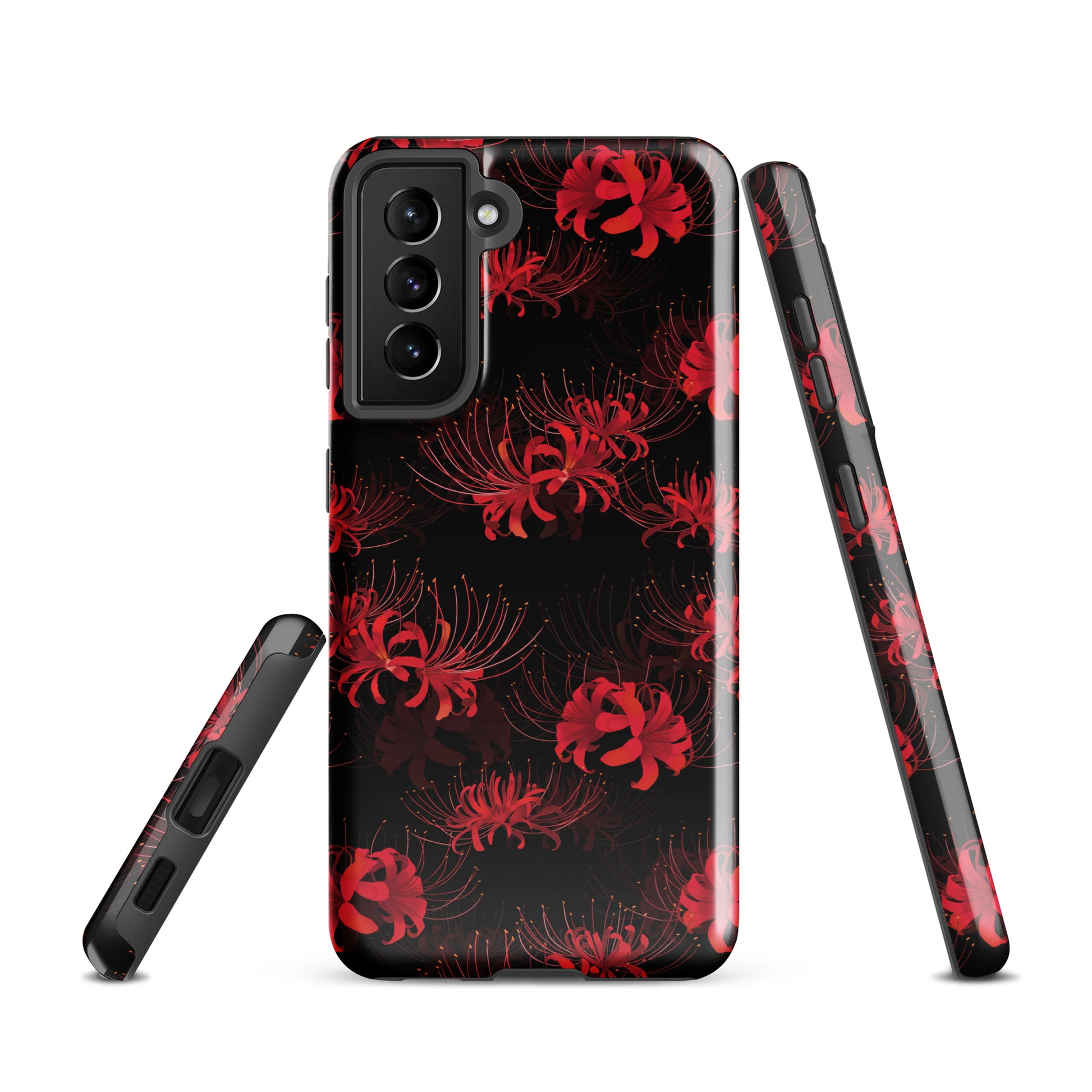 Stylish Higanbana Samsung® Tough Case featuring red floral design, ensuring protection for your Samsung Galaxy S21.