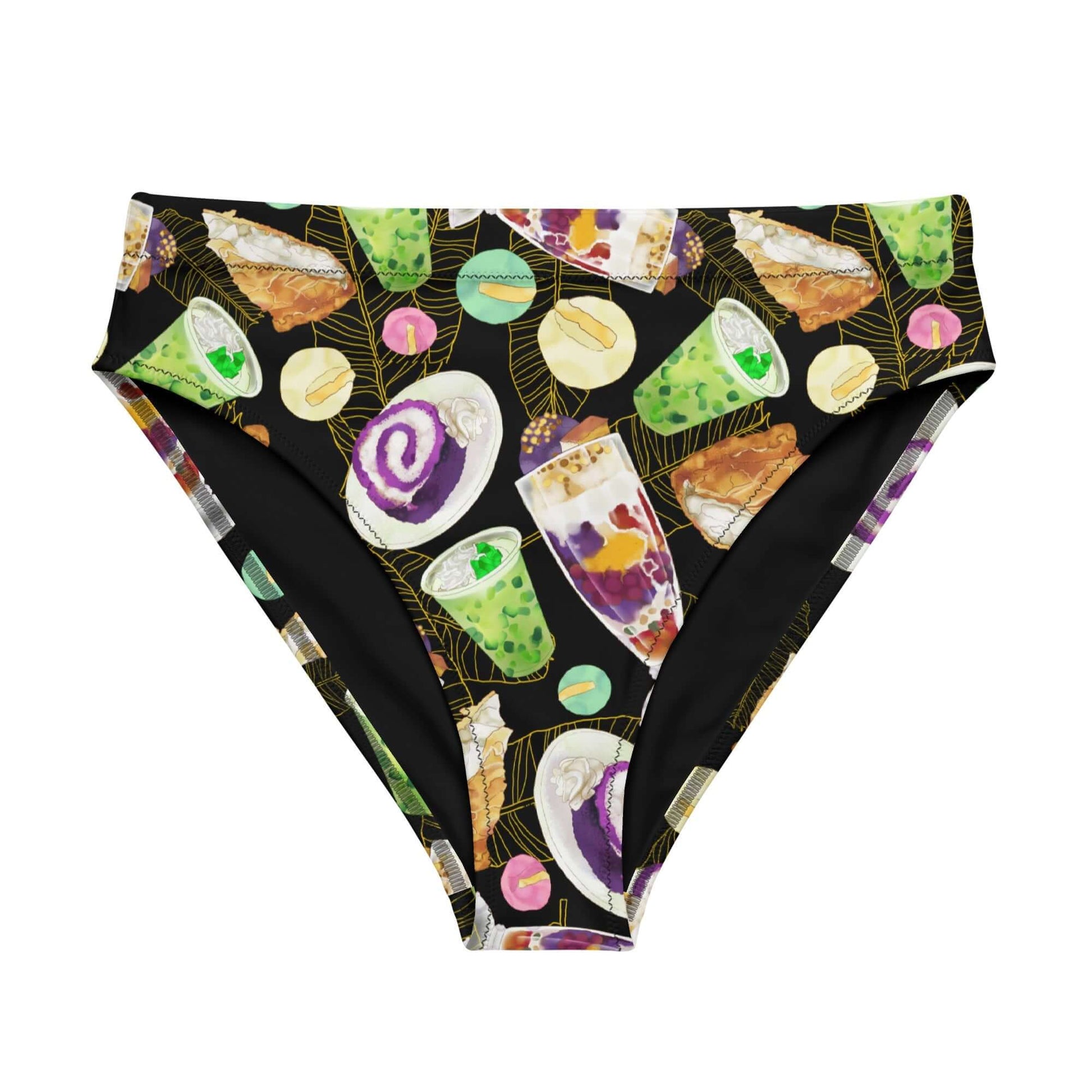 Vibrant High-waisted Filipino Dessert Bikini Bottom showcasing playful dessert prints for stylish summer fun.