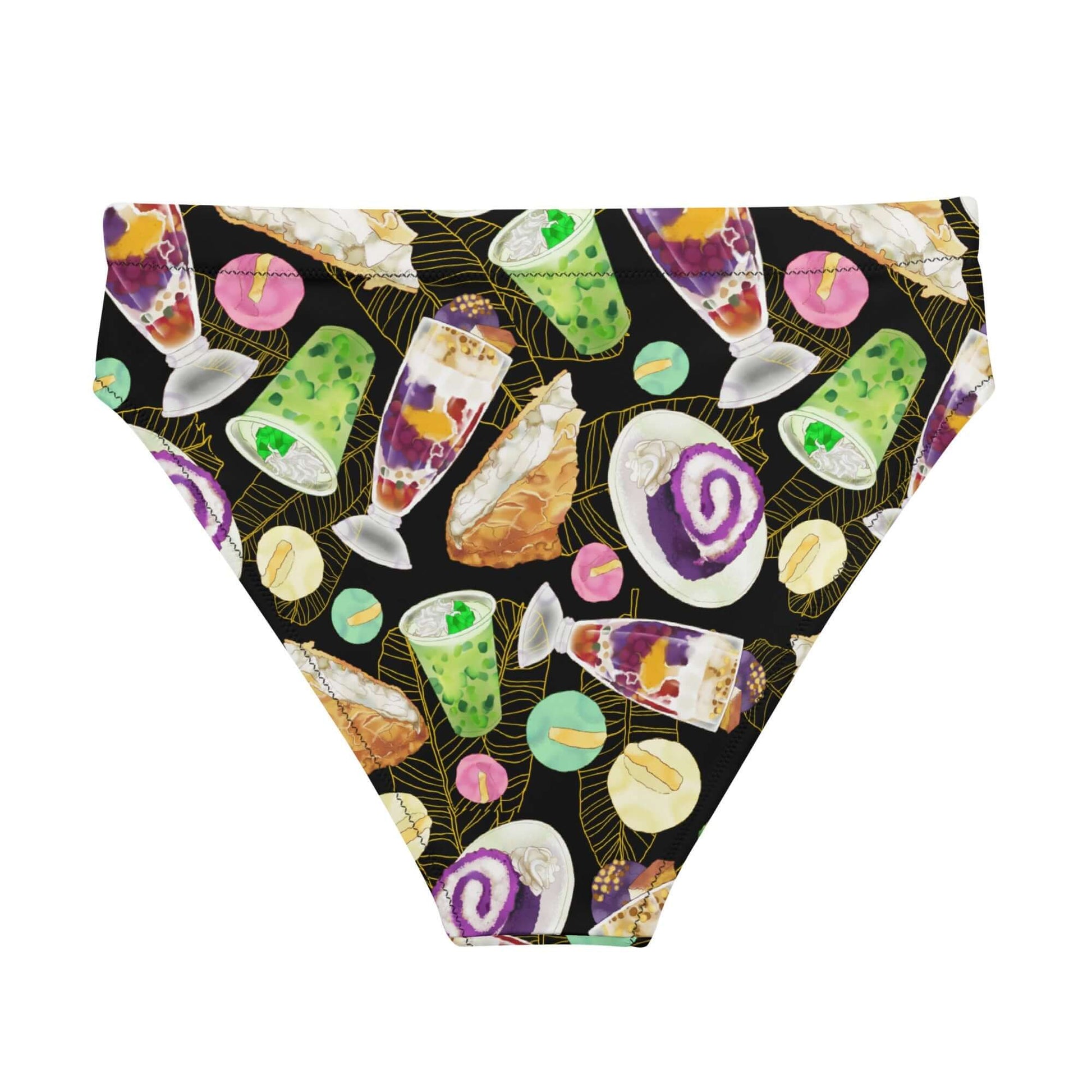 Vibrant High-waisted Filipino Dessert Bikini Bottom featuring playful dessert prints, perfect for beach outings.