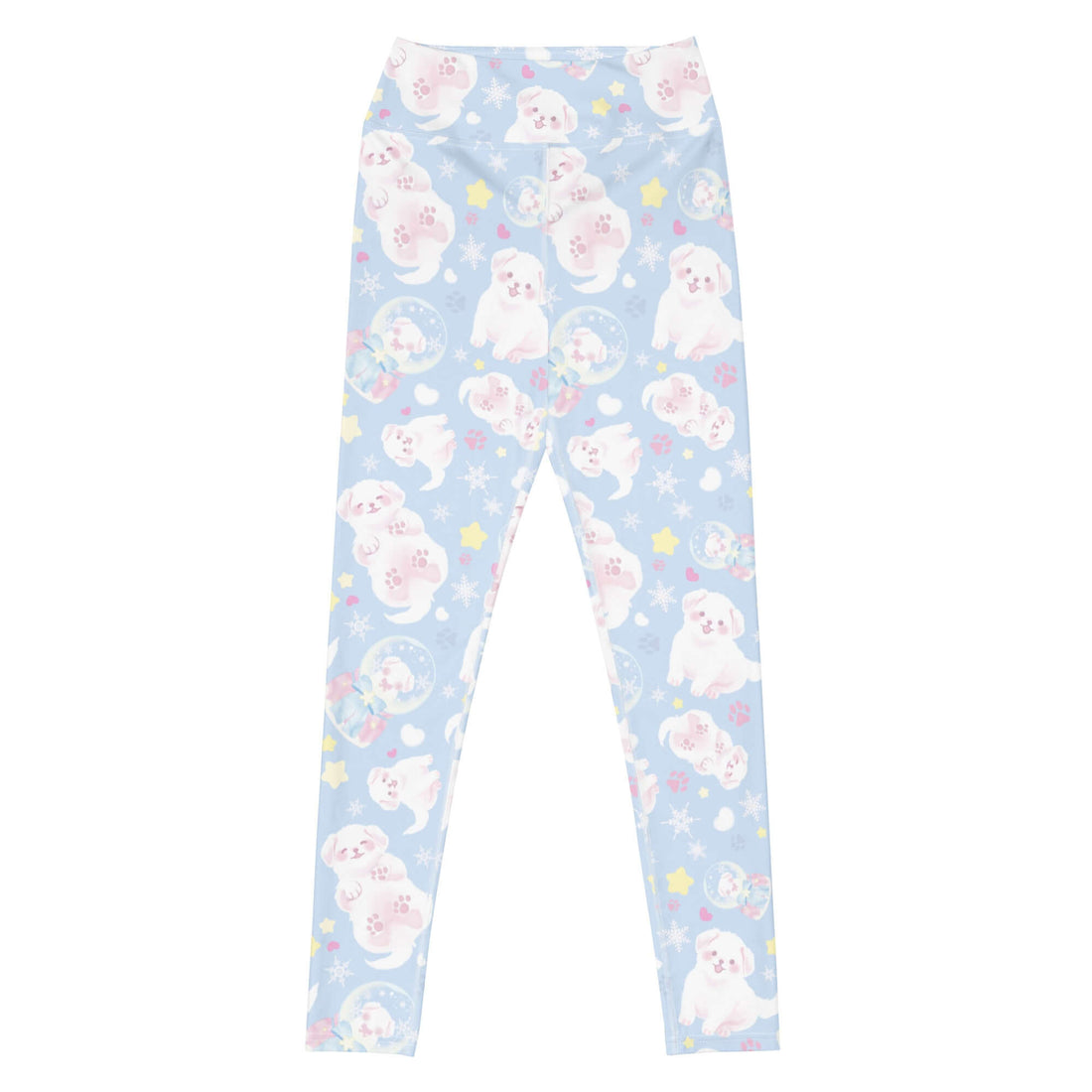 High-waisted Snow Puppy Leggings featuring adorable fluffy puppies, perfect for gym or lounging in style.