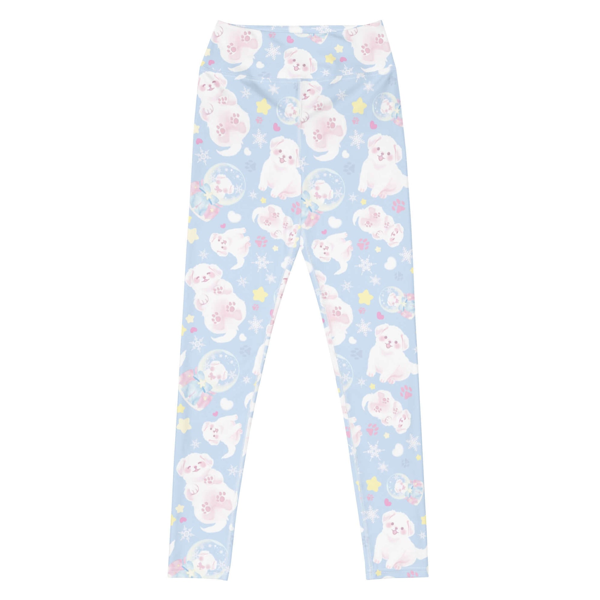 High-waisted Snow Puppy Leggings featuring adorable fluffy puppies, perfect for gym or lounging in style.