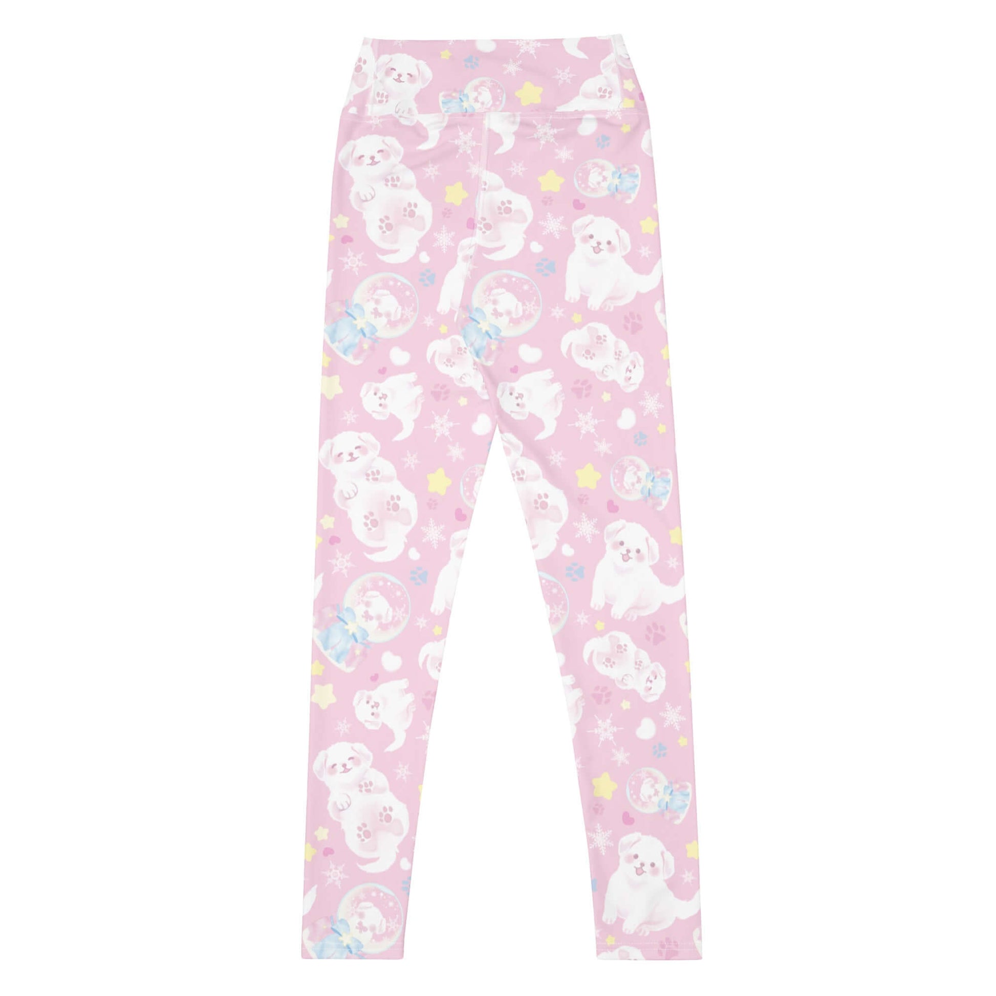 High-waisted Snow Puppy Leggings featuring cute puppy prints, perfect for gym or lounging in style.