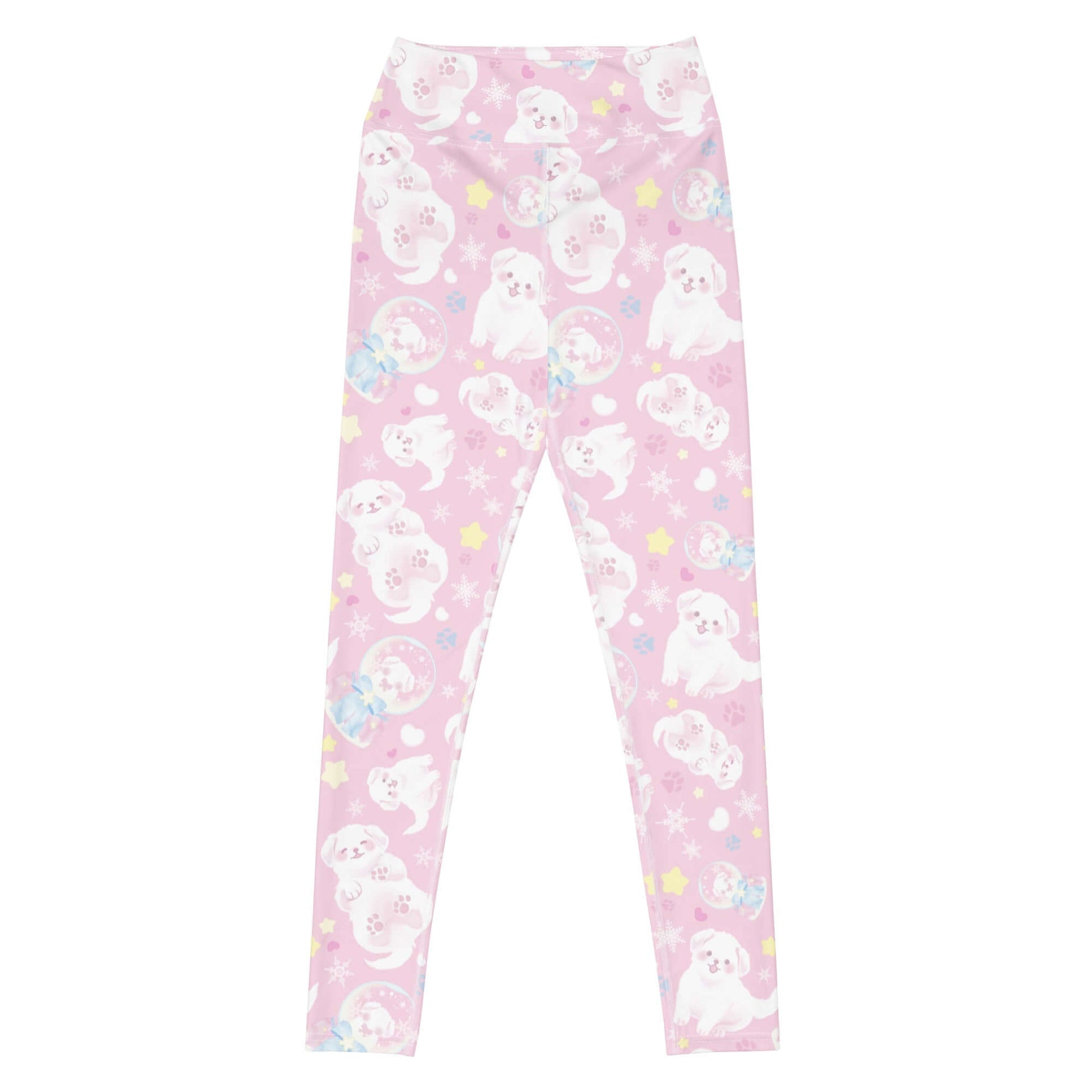 Shop the adorable High-waisted Snow Puppy Leggings featuring fluffy puppies, perfect for workouts and lounging.