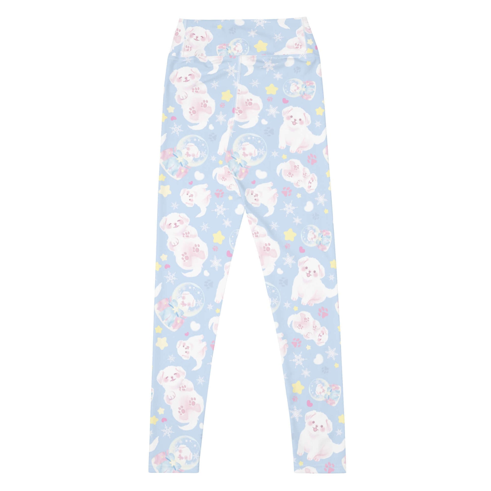 High-waisted Snow Puppy Leggings featuring adorable puppy prints, perfect for workouts or lounging in style.