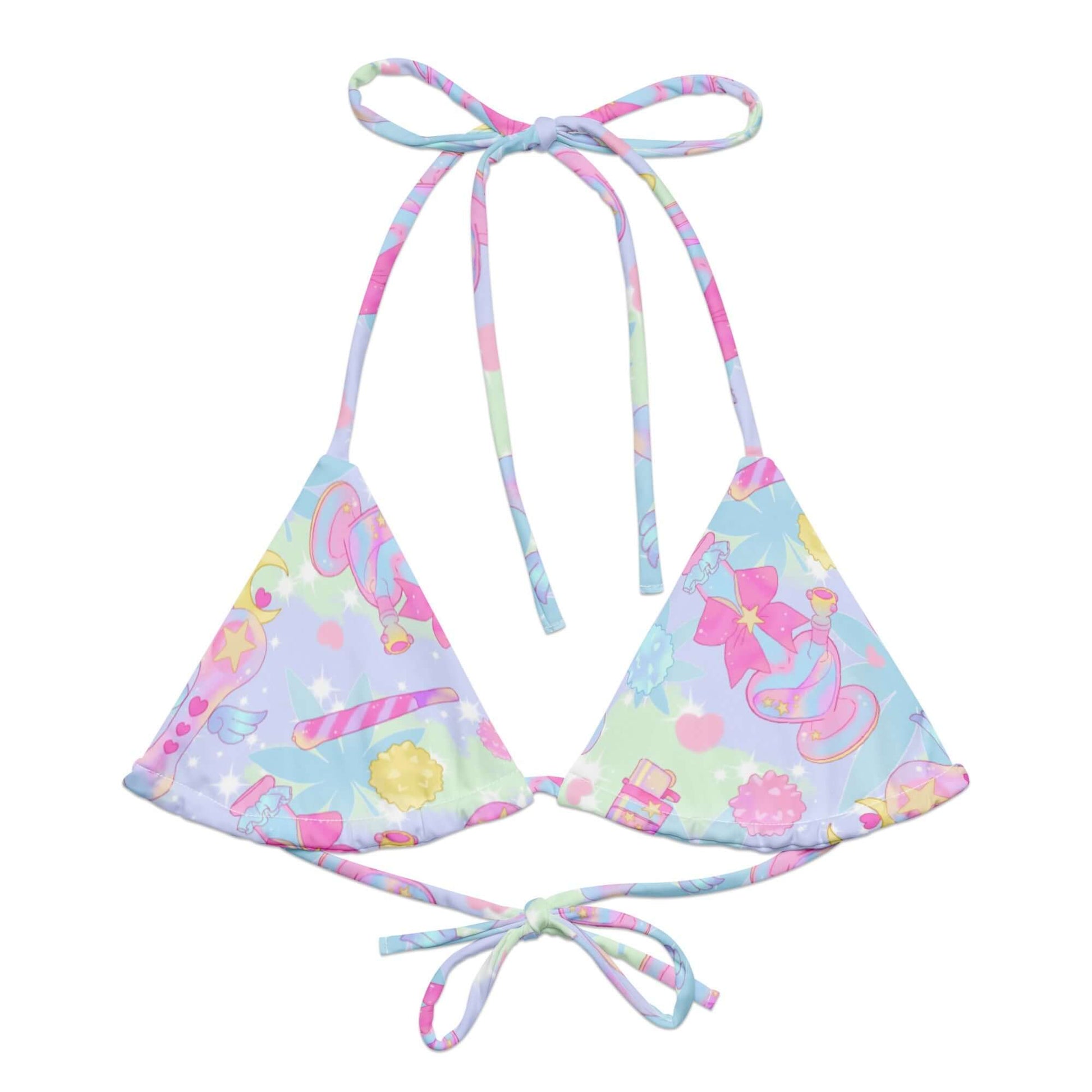 Colorful Indica Magica Padded String Bikini Top features recycled fabric and adjustable straps, perfect for summer fun.