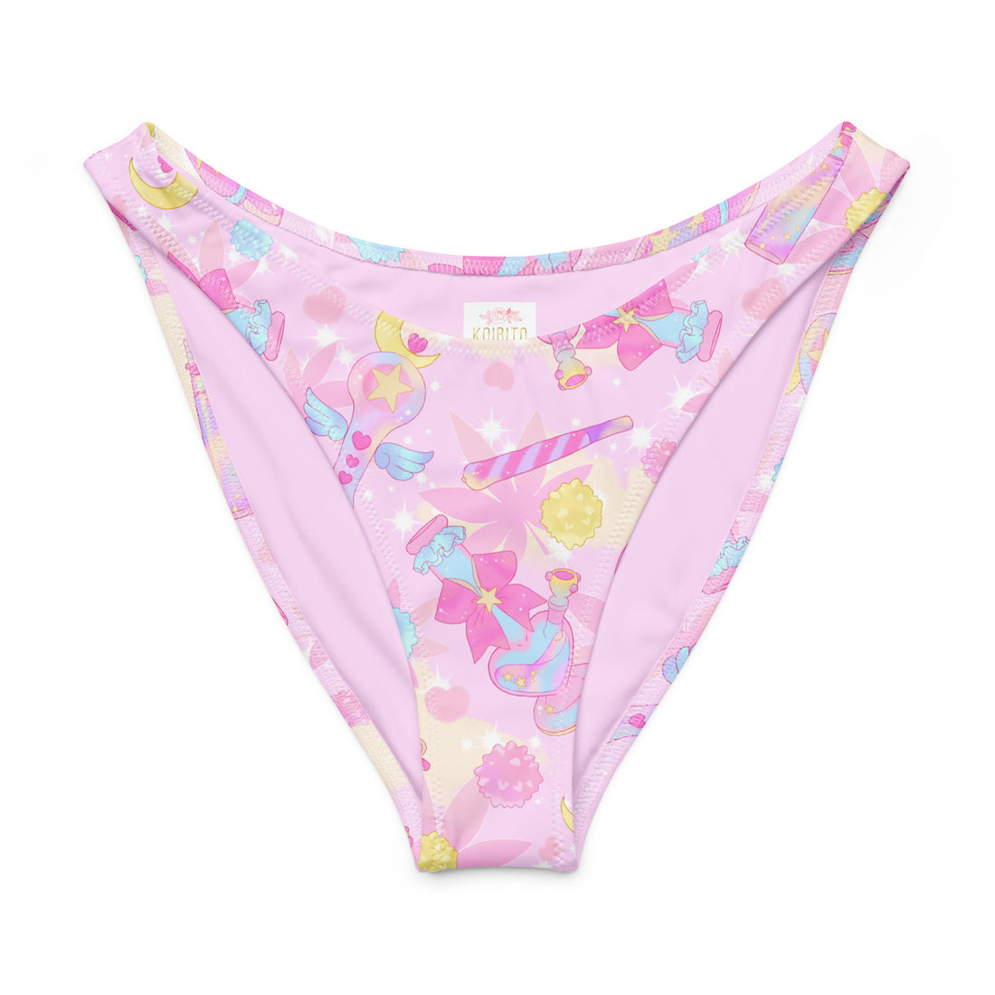 Indica Magica V-cut bikini bottom in pink with fun pastel prints, high-leg cut, and UPF 50+ sun protection.