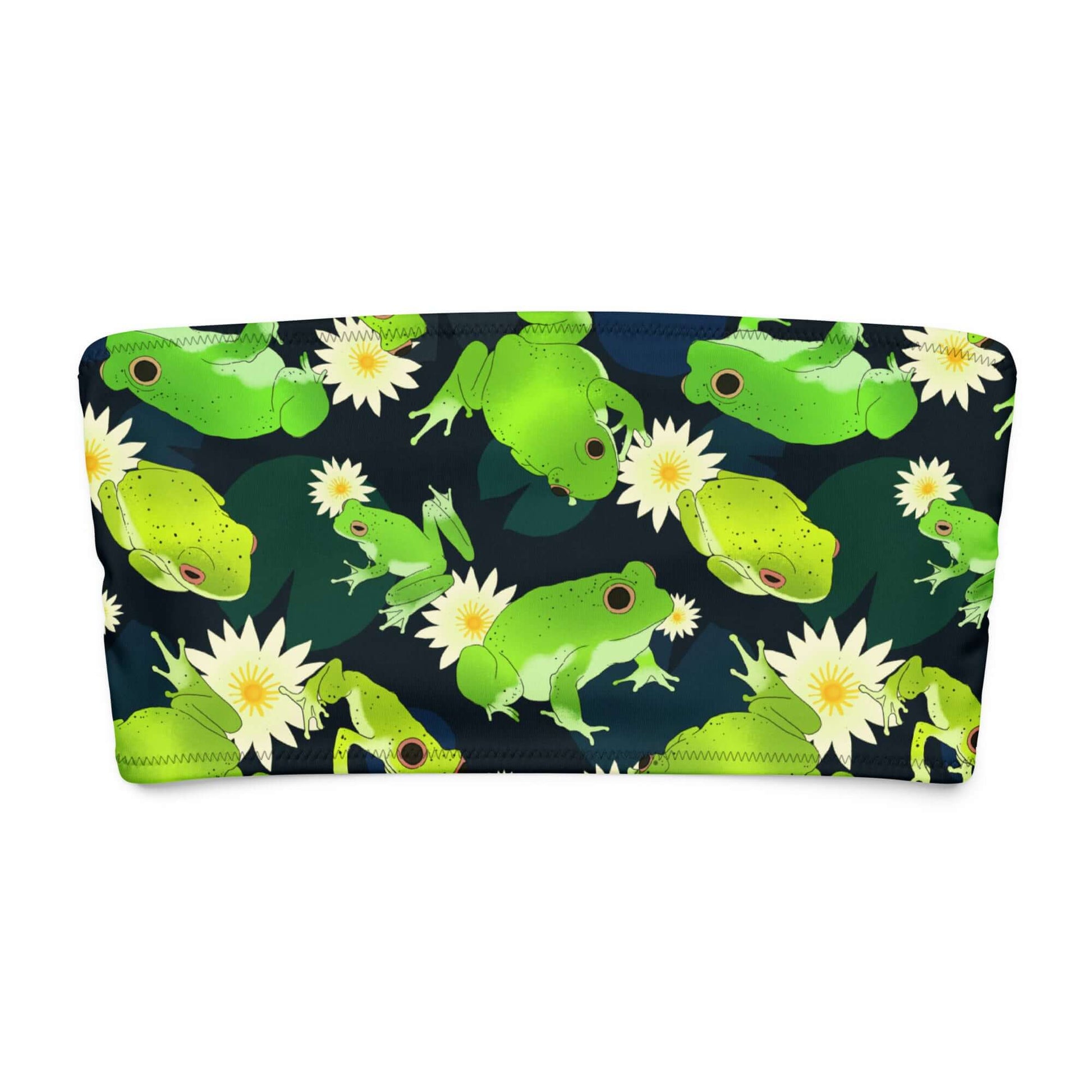 Kero-kero bandeau bikini top featuring a fun pattern of green frogs and water lilies on a dark background.