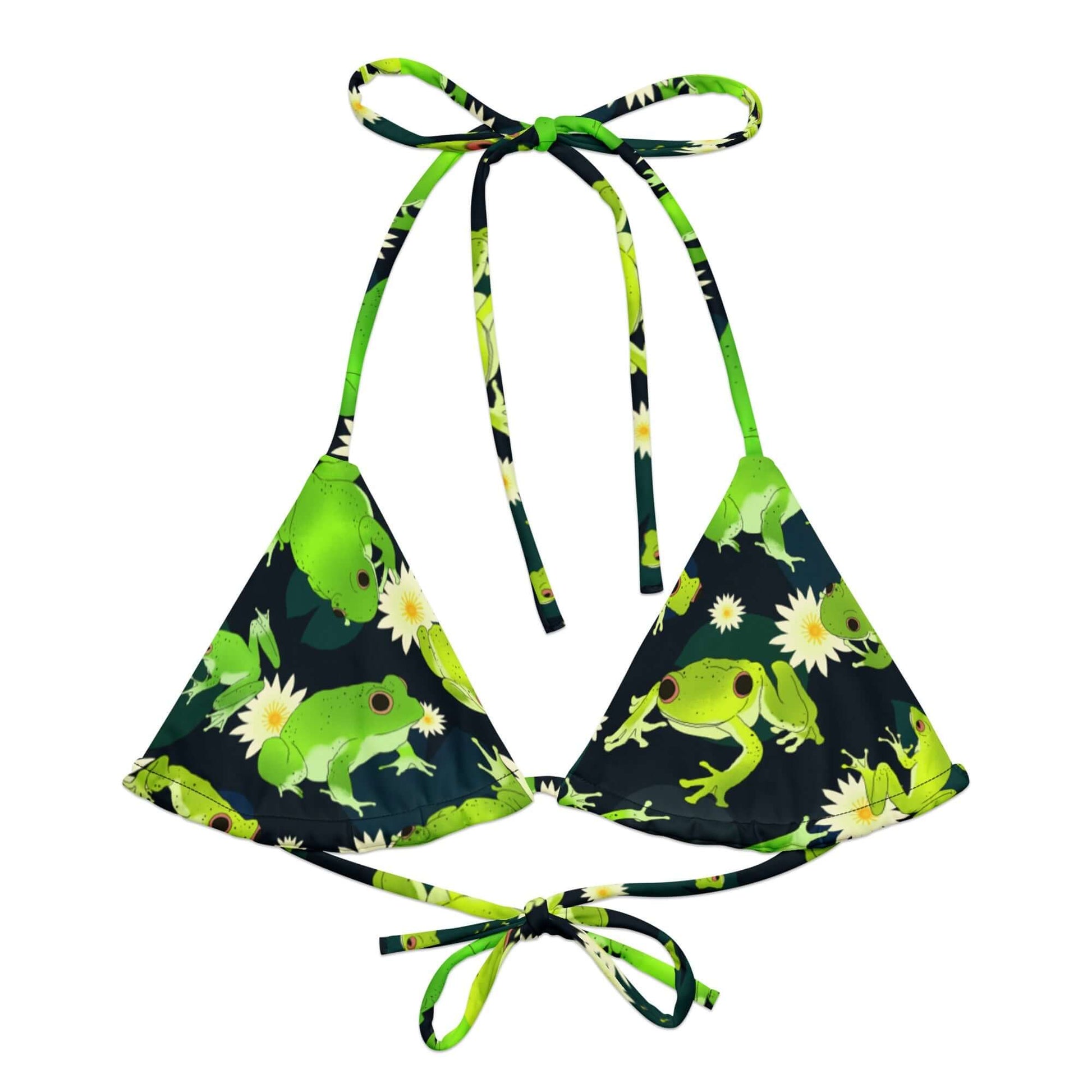 Kero-kero Padded String Bikini Top features vibrant frog prints, perfect for eco-friendly summer style.