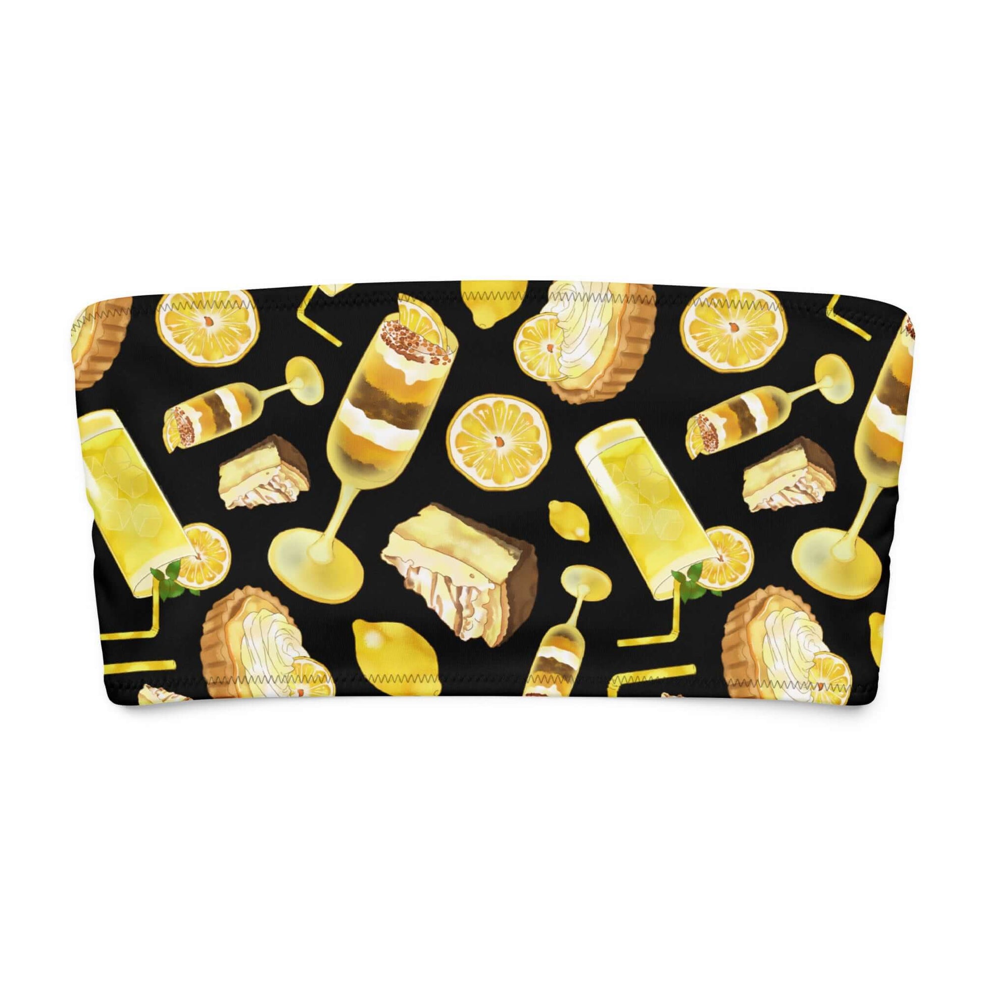Lemon-patterned bandeau bikini top featuring desserts and cocktails on a black background.