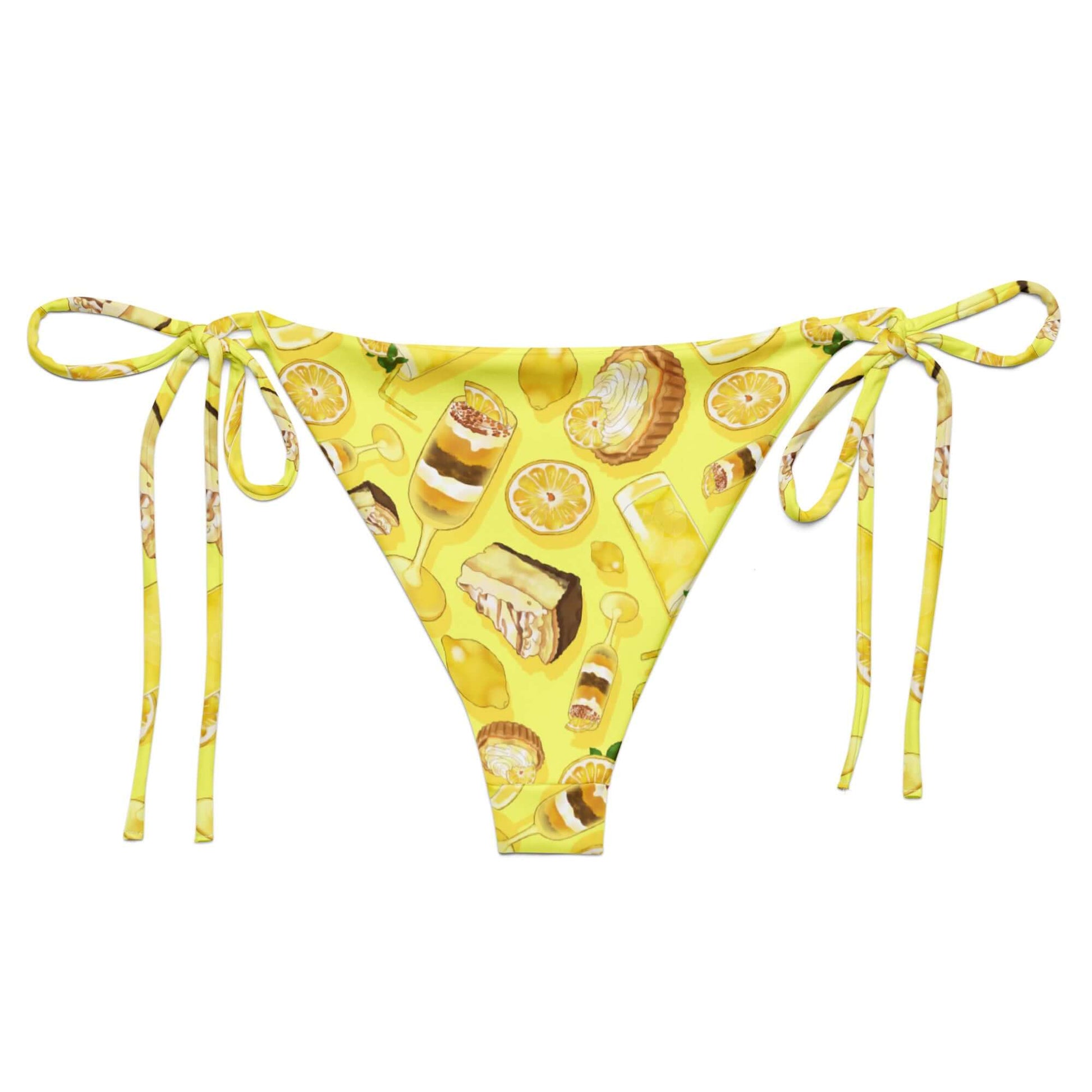 Bright and playful Lemon String Bikini Bottom, perfect for summer poolside lounging with adjustable straps and UPF 50+.