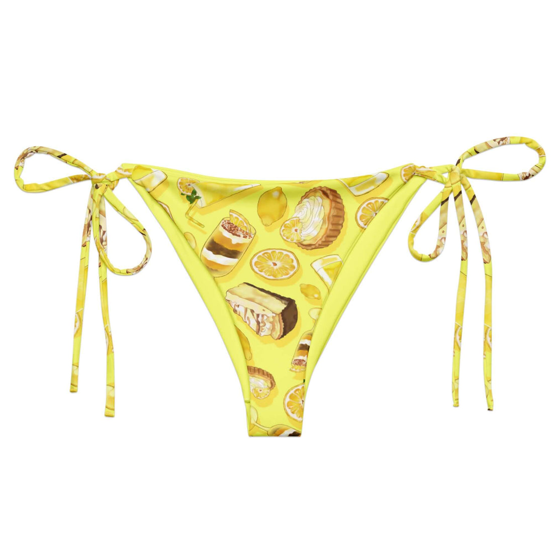 Bright and playful Lemon String Bikini Bottom perfect for sunbathing, featuring adjustable ties and UPF 50+ protection.