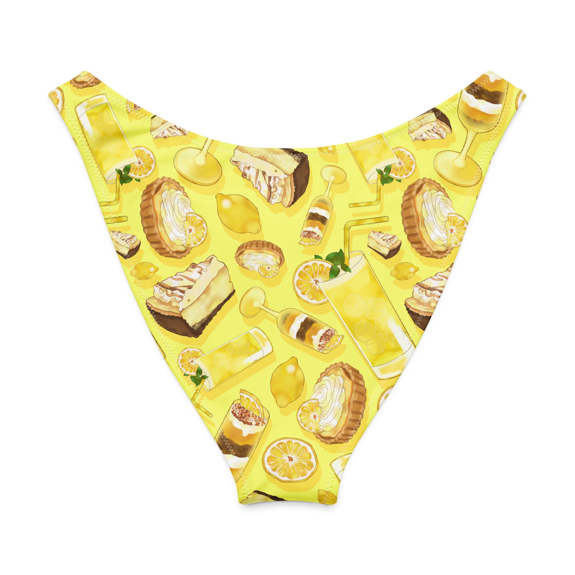 Lemon V-cut bikini bottom featuring a cheerful pattern of lemons and dessert treats, perfect for summer beach days.