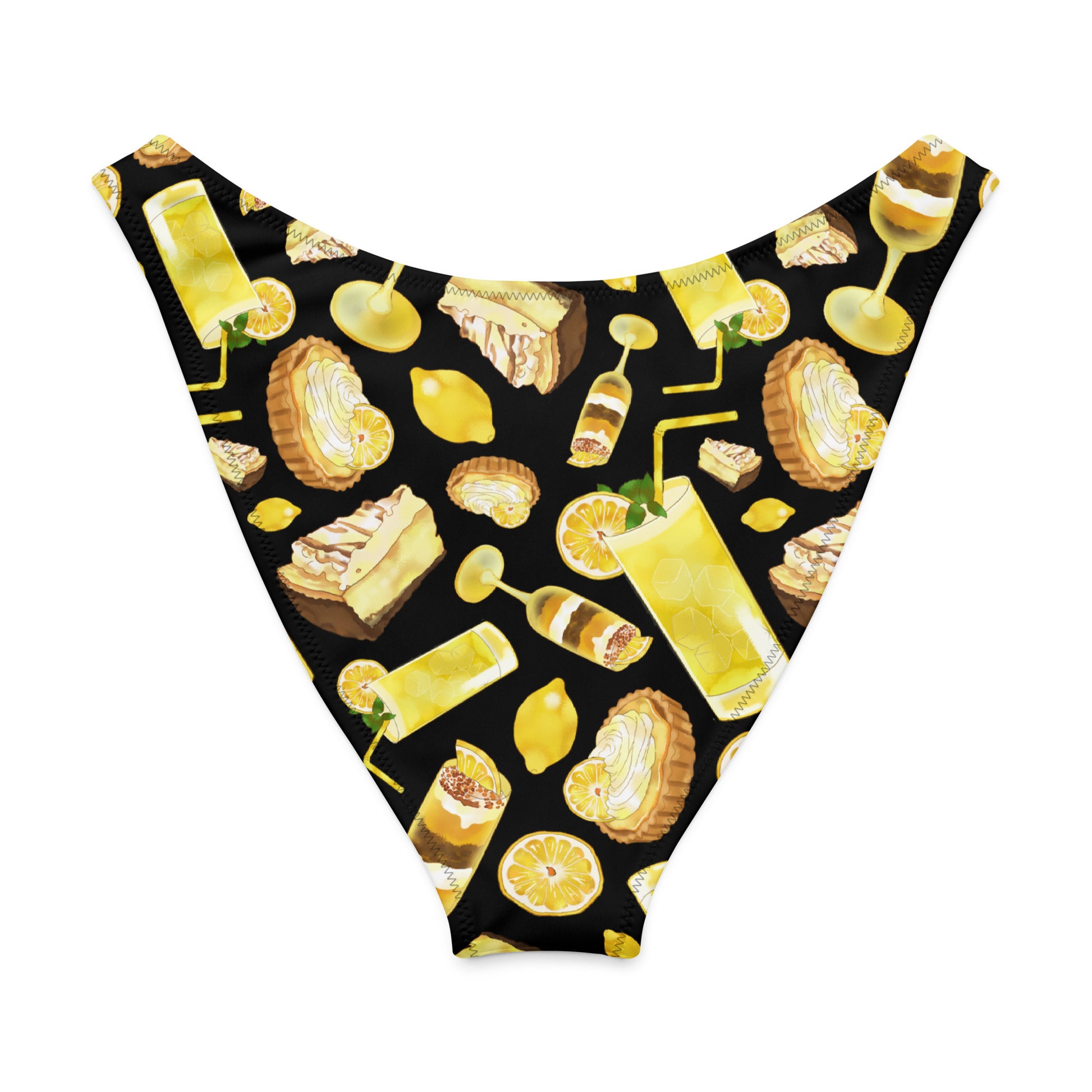 Vibrant lemon-themed bikini bottom featuring desserts and drinks on a black background.