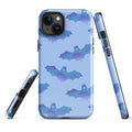 Stylish Lilith iPhone® Tough Case featuring bats on a blue background, designed for durable phone protection.