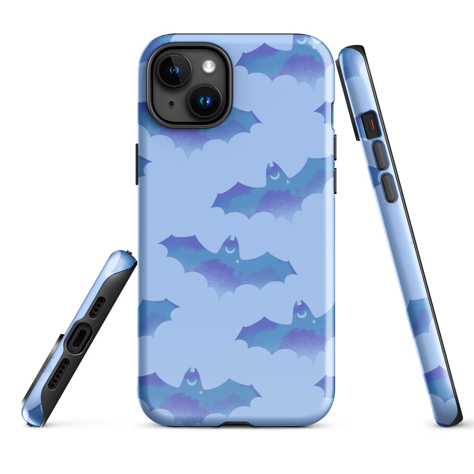 Stylish Lilith iPhone® Tough Case featuring bats on a blue background, designed for durable phone protection.