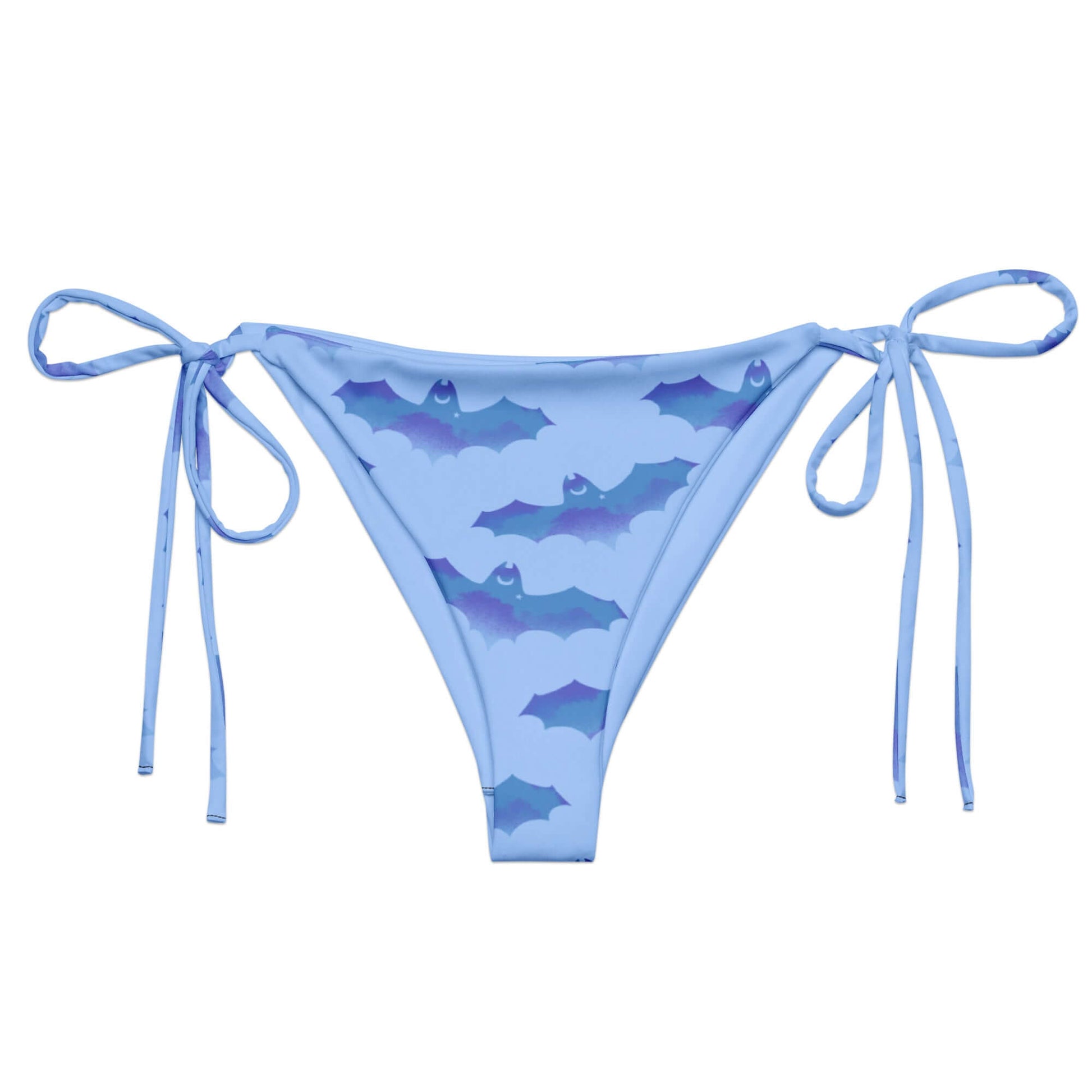 Lilith String Bikini Bottom in blue with bat pattern, perfect for sunbathing by the pool this summer.