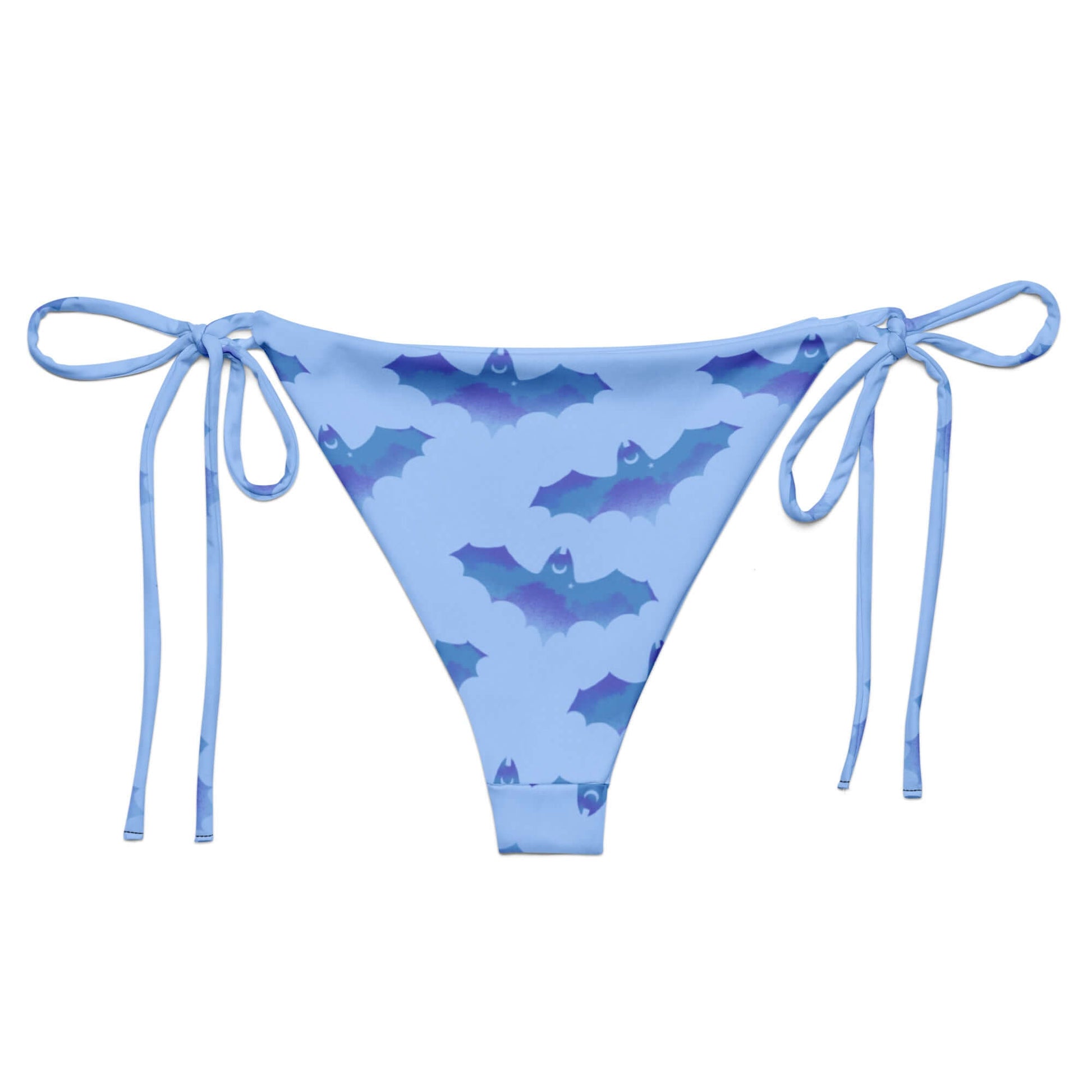 Lilith String Bikini Bottom in playful blue with bat design, perfect for summer poolside relaxation. UPF 50+ protection.