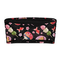 Matsuri bandeau bikini top featuring vibrant Japanese festival patterns with goldfish and sweet treats on a black background.