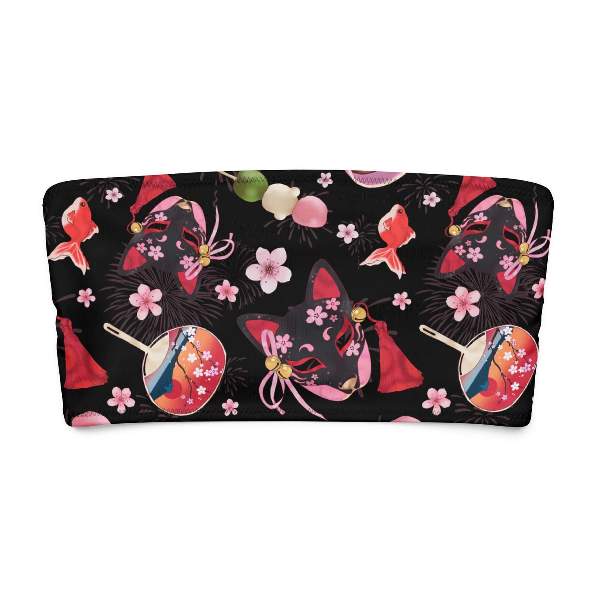 Colorful Matsuri bandeau bikini top featuring playful Japanese designs and soft fabric for comfy sunbathing.
